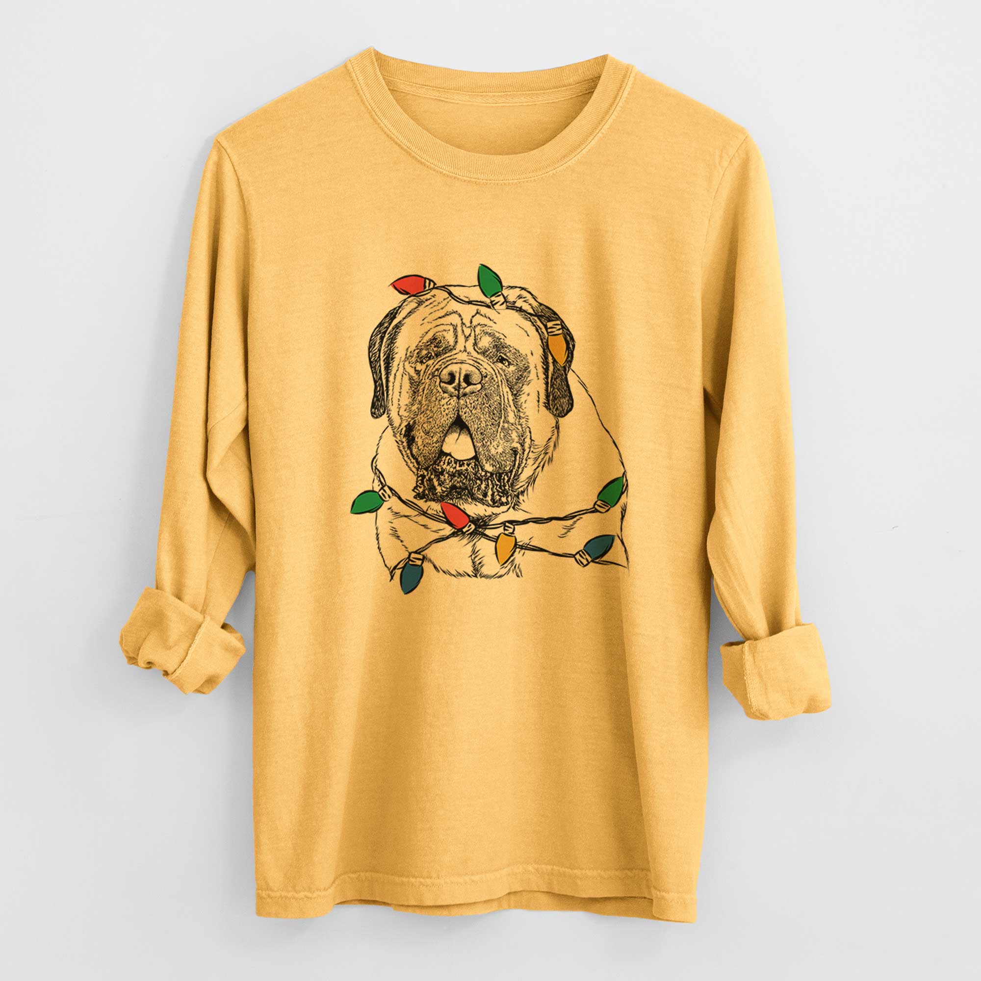 Christmas Lights Jed the English Mastiff - Heavyweight 100% Cotton Long Sleeve
