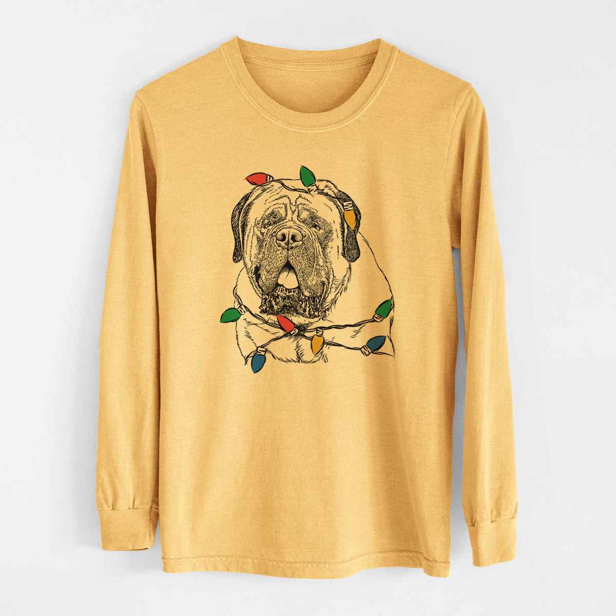 Christmas Lights Jed the English Mastiff - Heavyweight 100% Cotton Long Sleeve