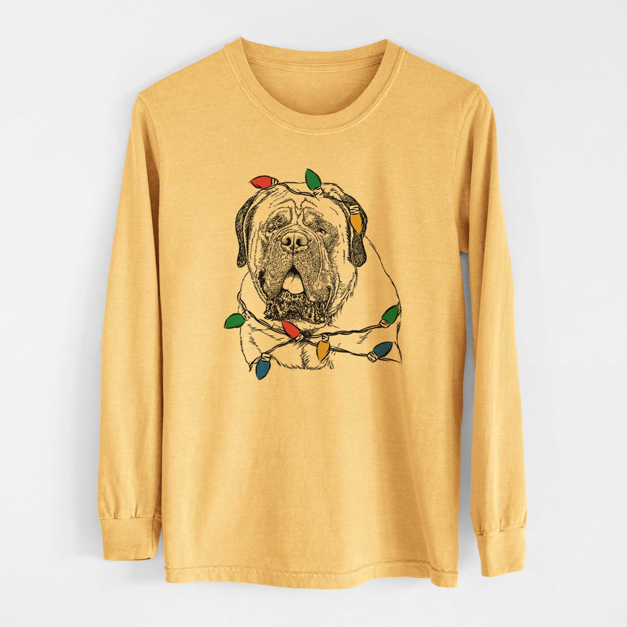 Christmas Lights Jed the English Mastiff - Heavyweight 100% Cotton Long Sleeve