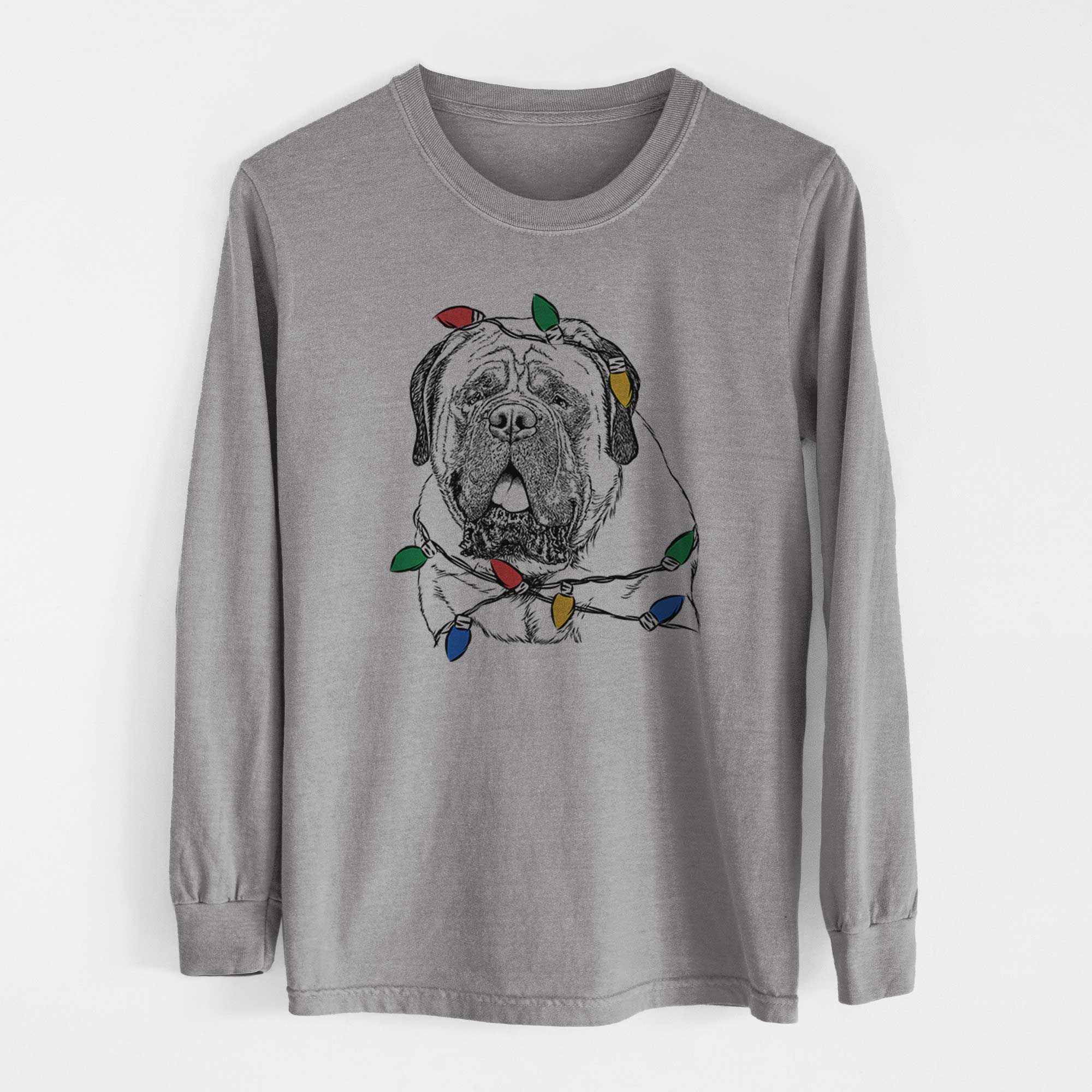 Christmas Lights Jed the English Mastiff - Heavyweight 100% Cotton Long Sleeve