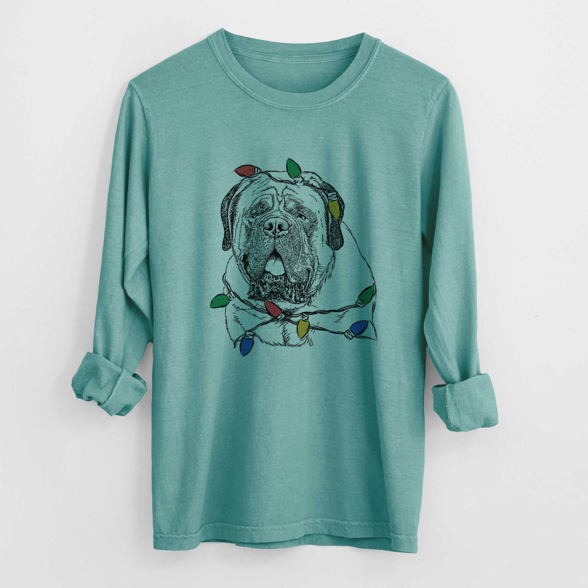 Christmas Lights Jed the English Mastiff - Heavyweight 100% Cotton Long Sleeve