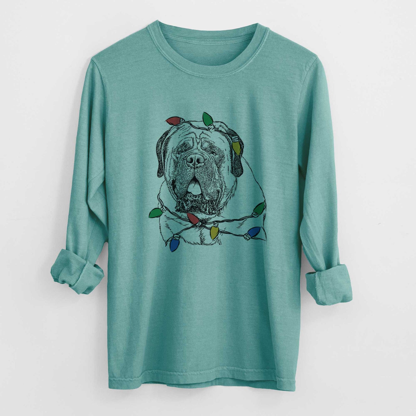 Christmas Lights Jed the English Mastiff - Heavyweight 100% Cotton Long Sleeve