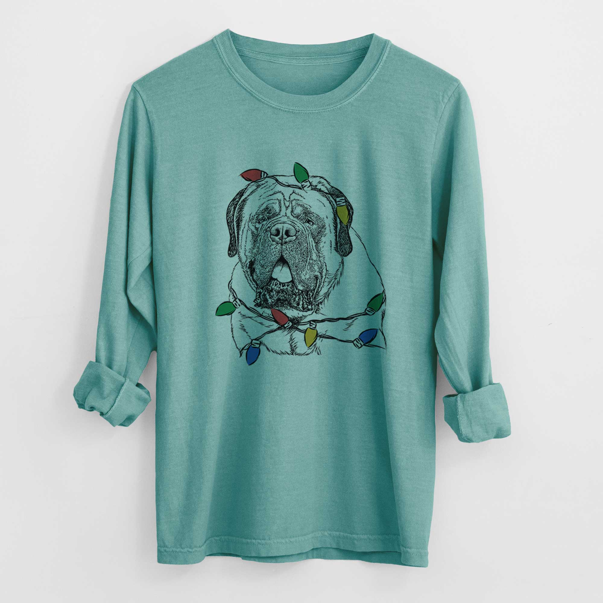 Christmas Lights Jed the English Mastiff - Heavyweight 100% Cotton Long Sleeve