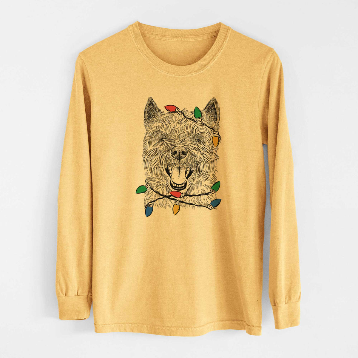 Christmas Lights Jeff the Cairn Terrier - Heavyweight 100% Cotton Long Sleeve