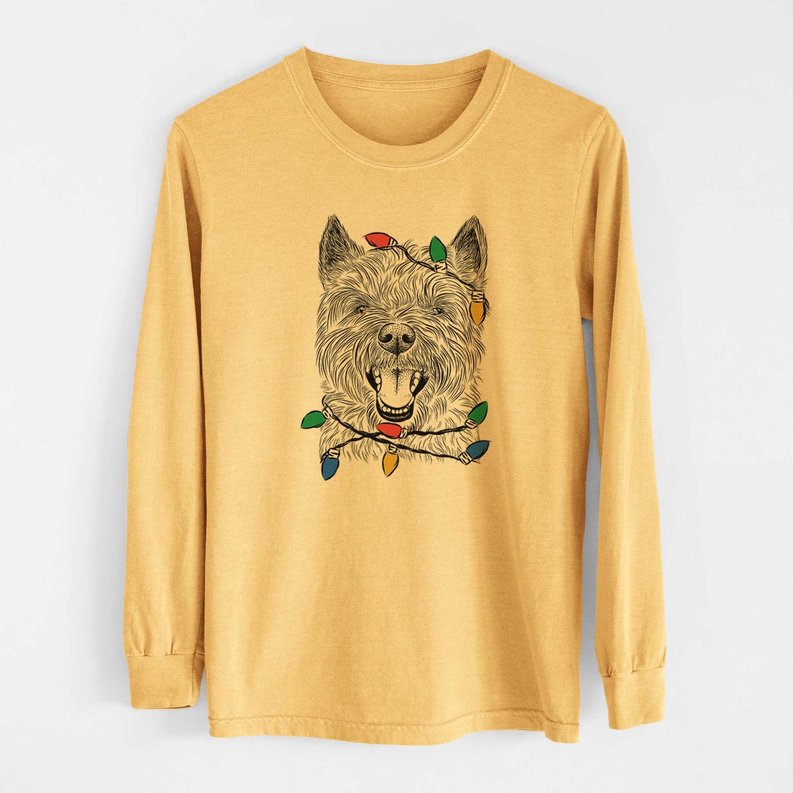Christmas Lights Jeff the Cairn Terrier - Heavyweight 100% Cotton Long Sleeve