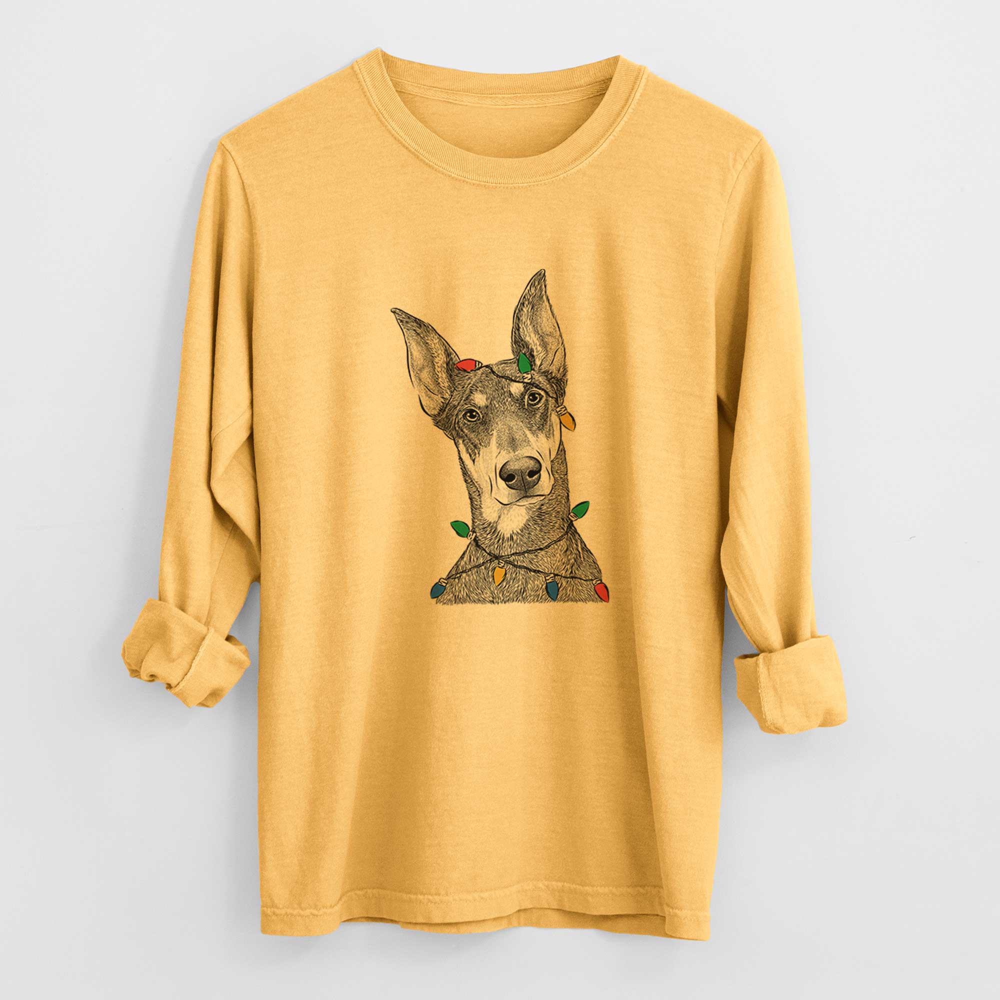 Christmas Lights Jenna the Doberman Pinscher - Heavyweight 100% Cotton Long Sleeve