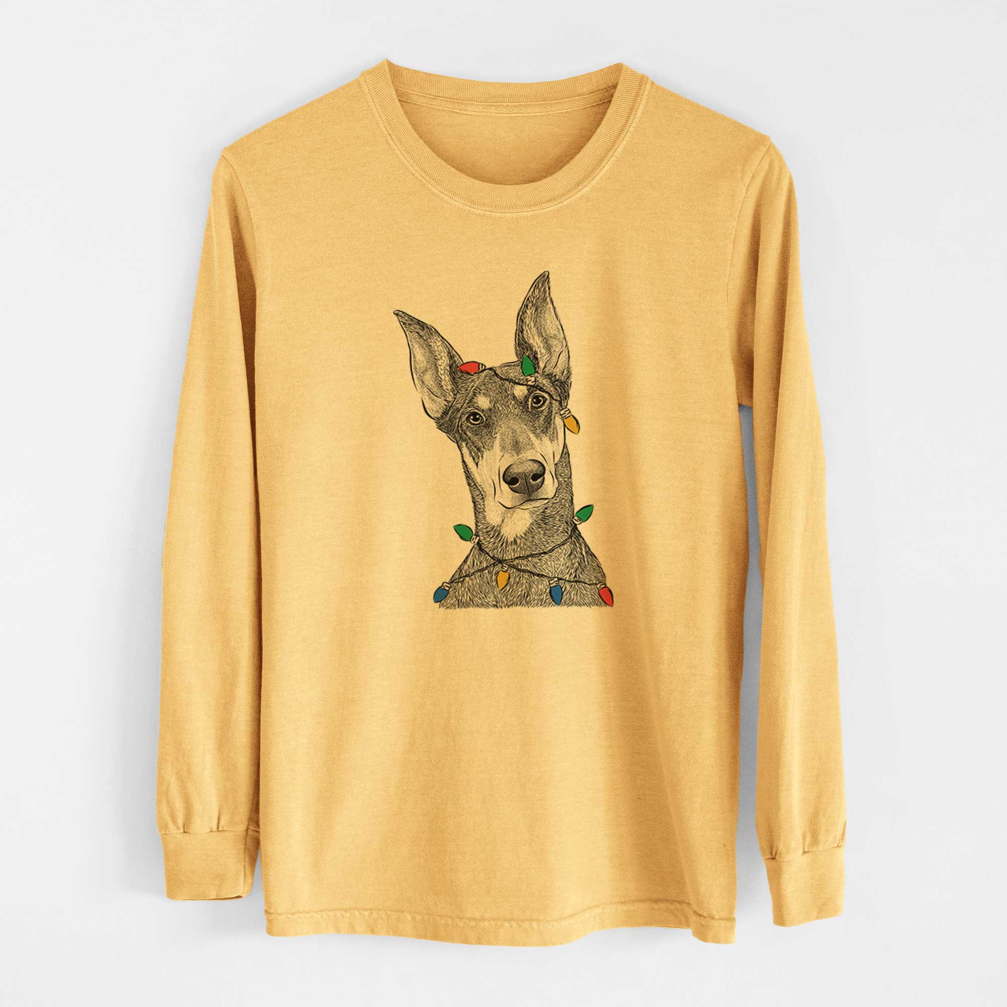 Christmas Lights Jenna the Doberman Pinscher - Heavyweight 100% Cotton Long Sleeve