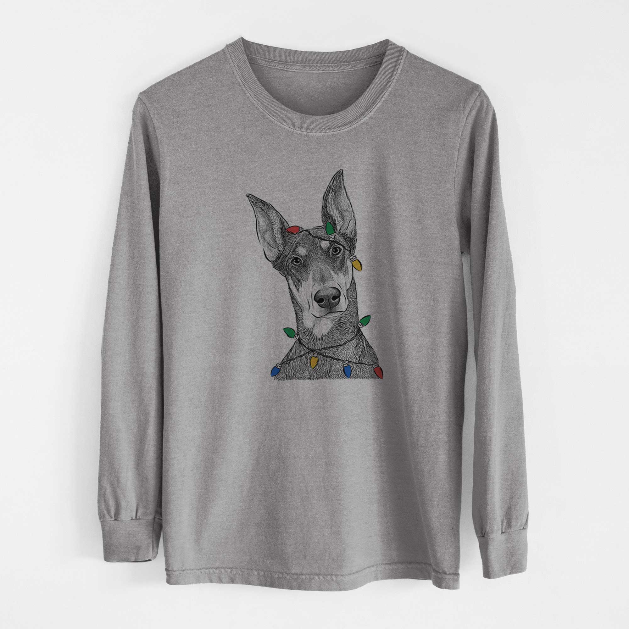 Christmas Lights Jenna the Doberman Pinscher - Heavyweight 100% Cotton Long Sleeve