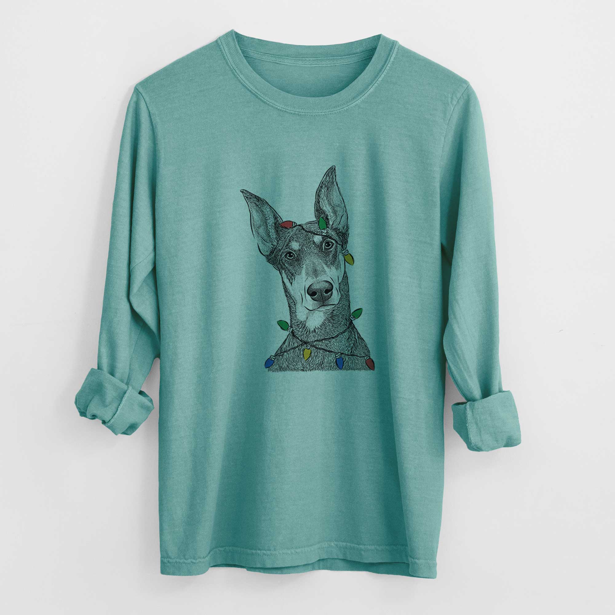 Christmas Lights Jenna the Doberman Pinscher - Heavyweight 100% Cotton Long Sleeve