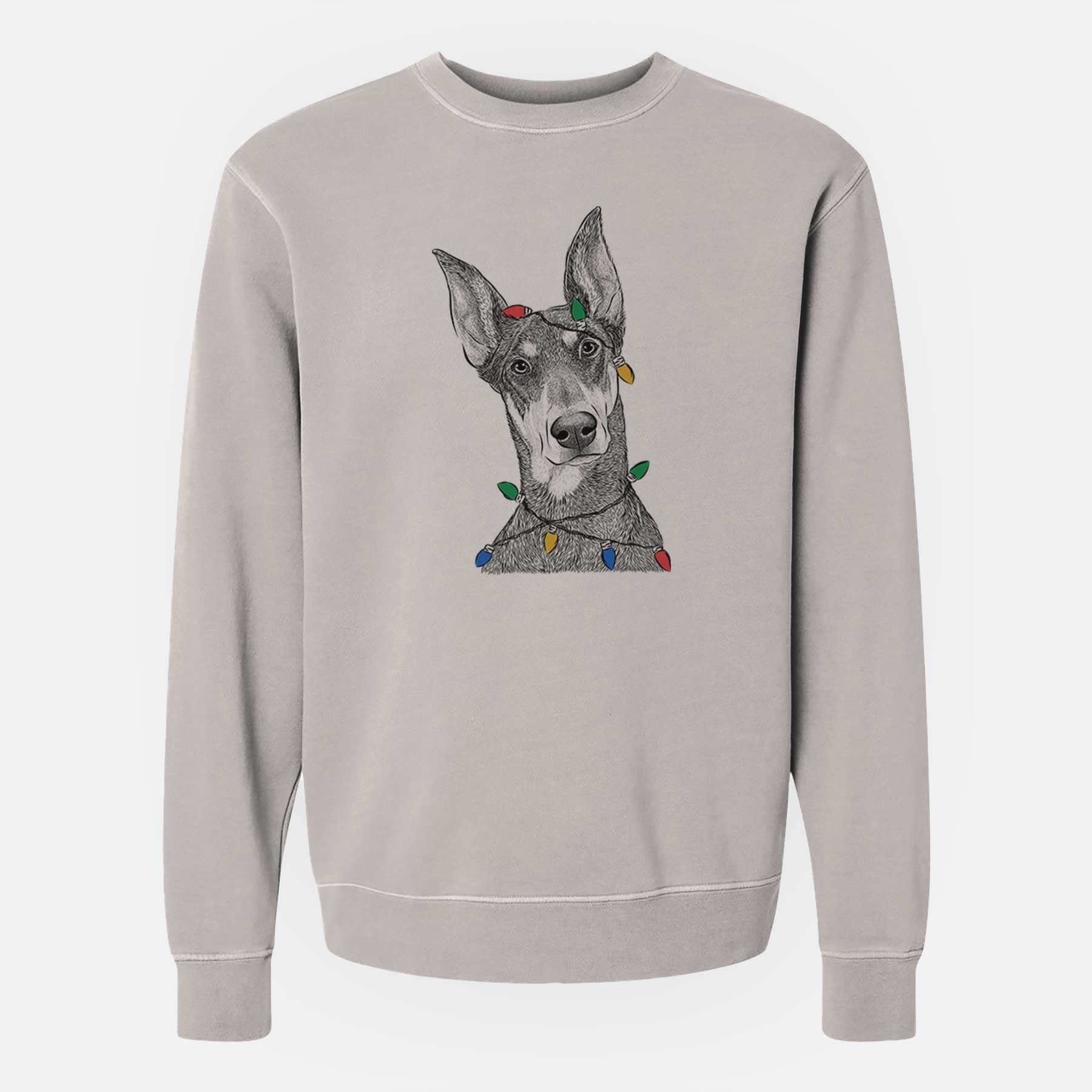 Christmas Lights Jenna the Doberman Pinscher - Unisex Pigment Dyed Crew Sweatshirt