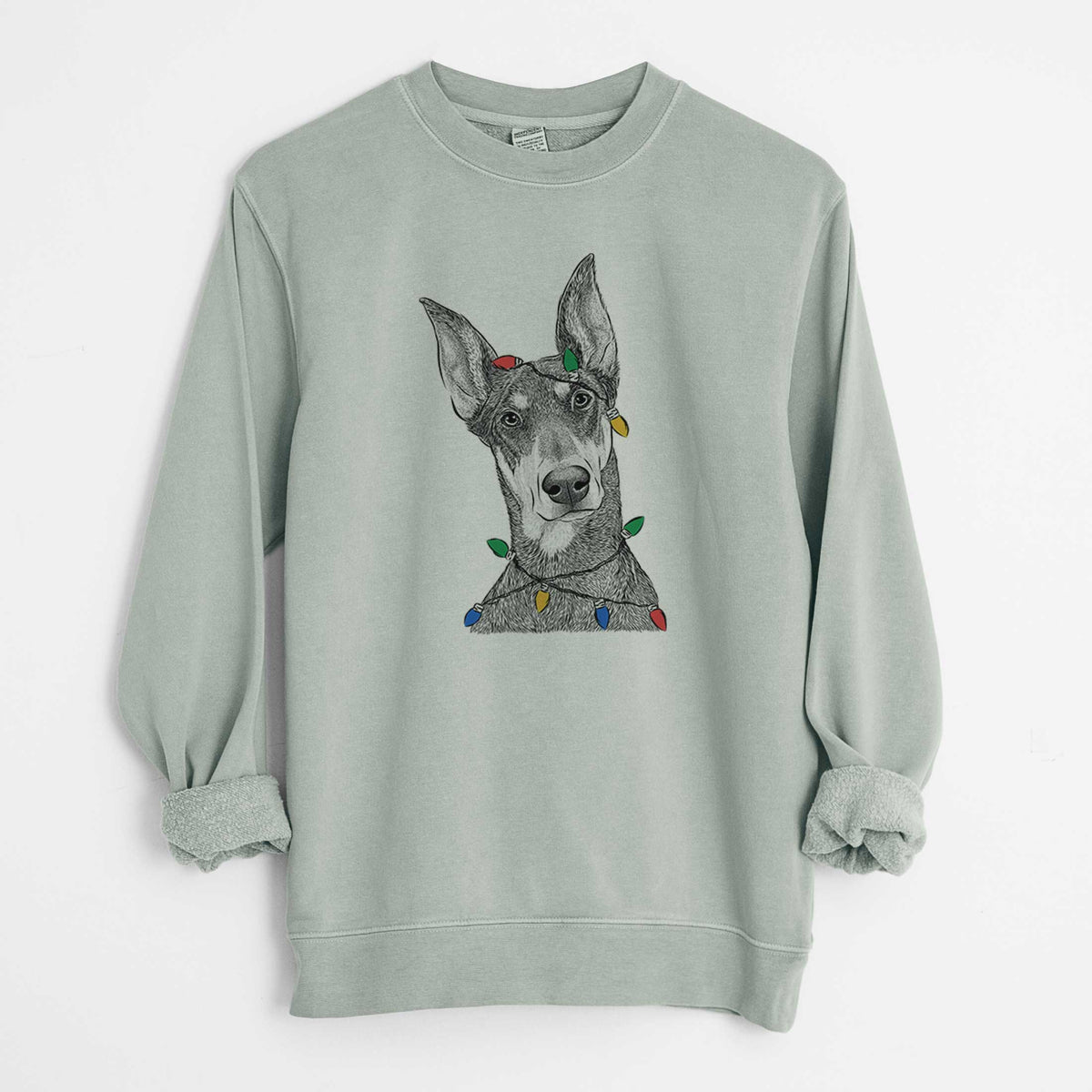 Christmas Lights Jenna the Doberman Pinscher - Unisex Pigment Dyed Crew Sweatshirt