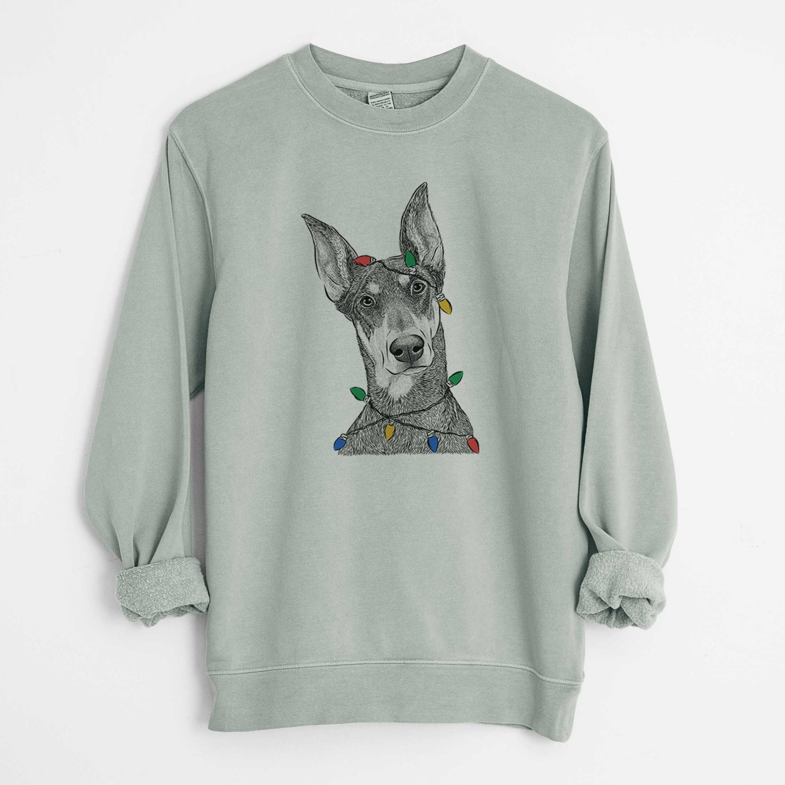 Christmas Lights Jenna the Doberman Pinscher - Unisex Pigment Dyed Crew Sweatshirt