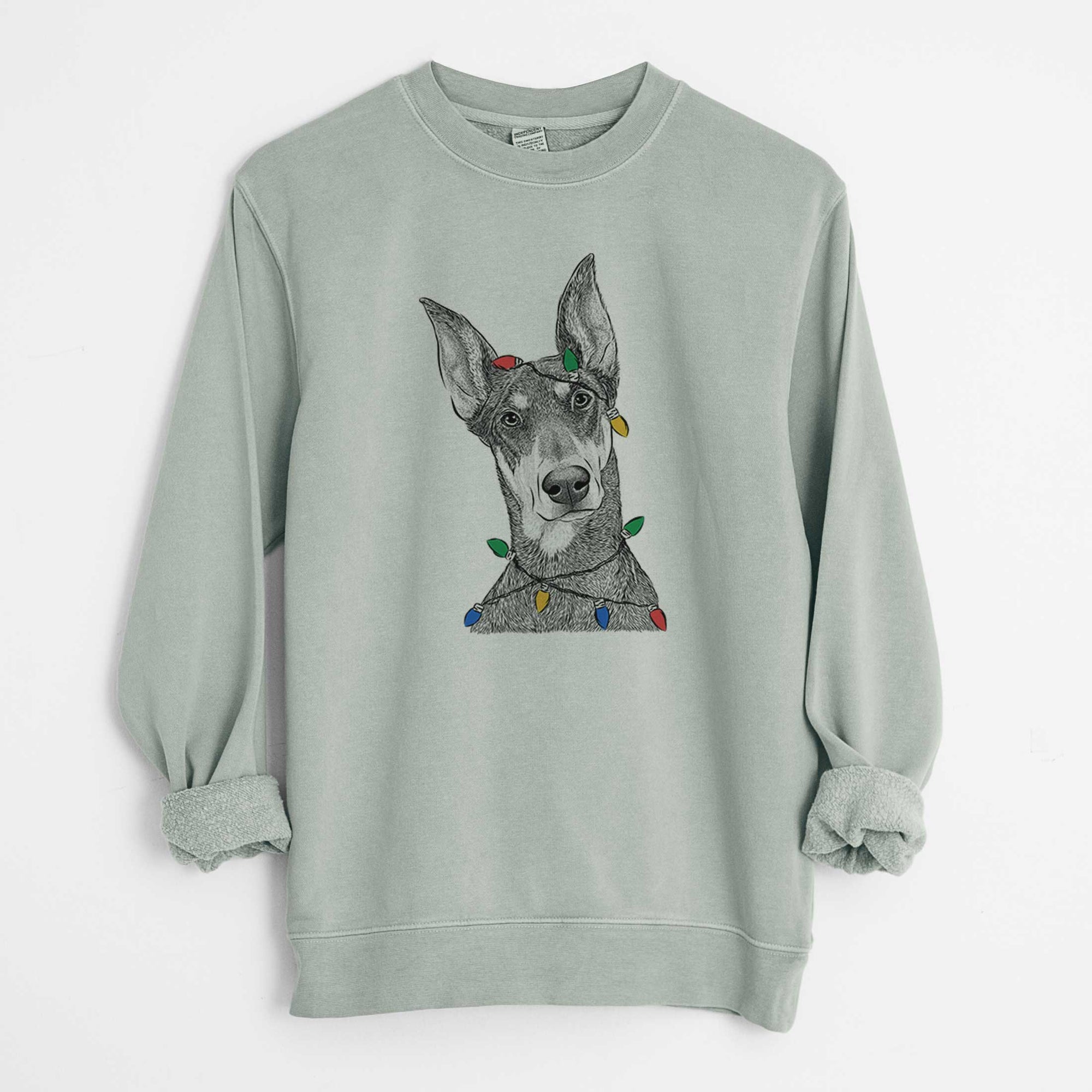 Christmas Lights Jenna the Doberman Pinscher - Unisex Pigment Dyed Crew Sweatshirt