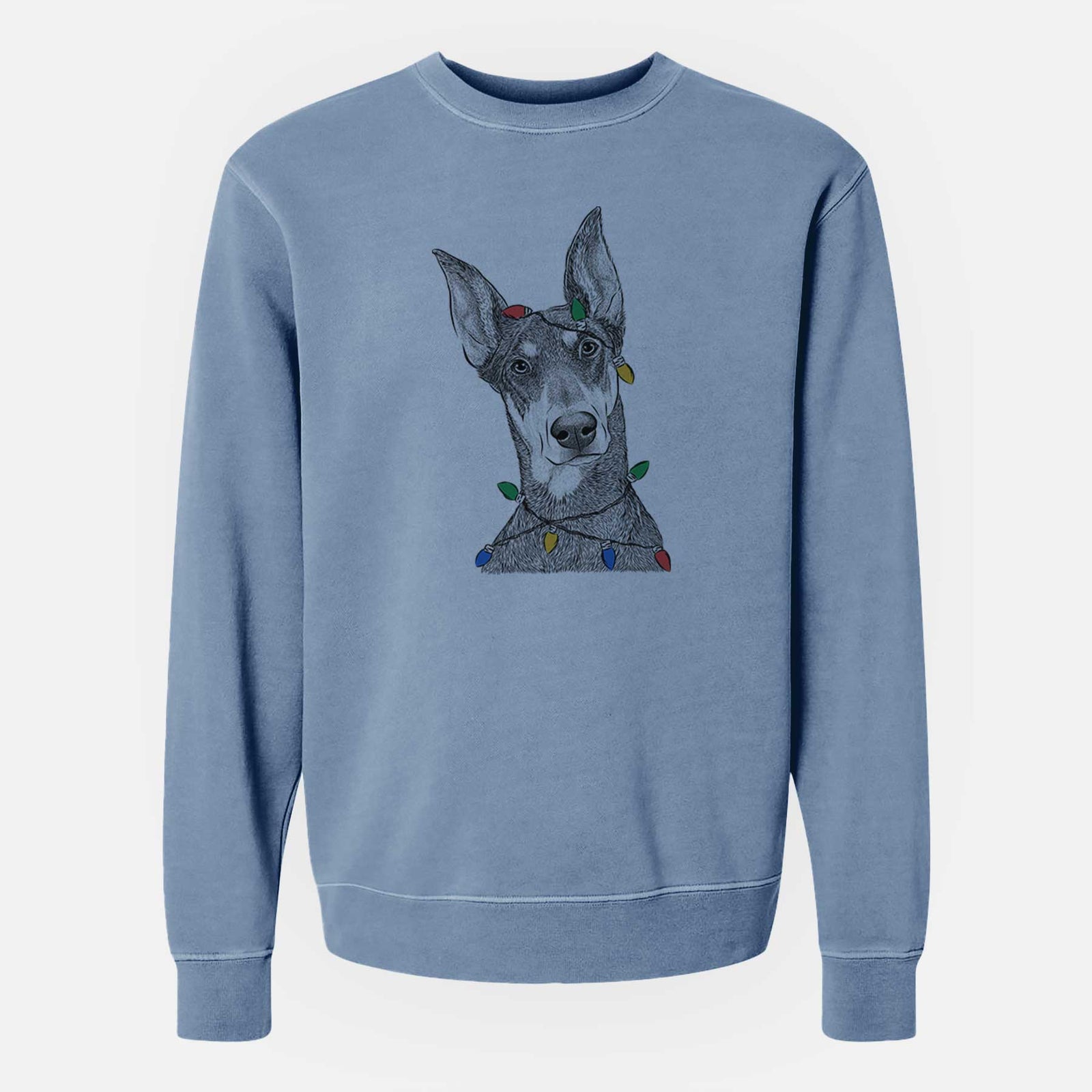 Christmas Lights Jenna the Doberman Pinscher - Unisex Pigment Dyed Crew Sweatshirt