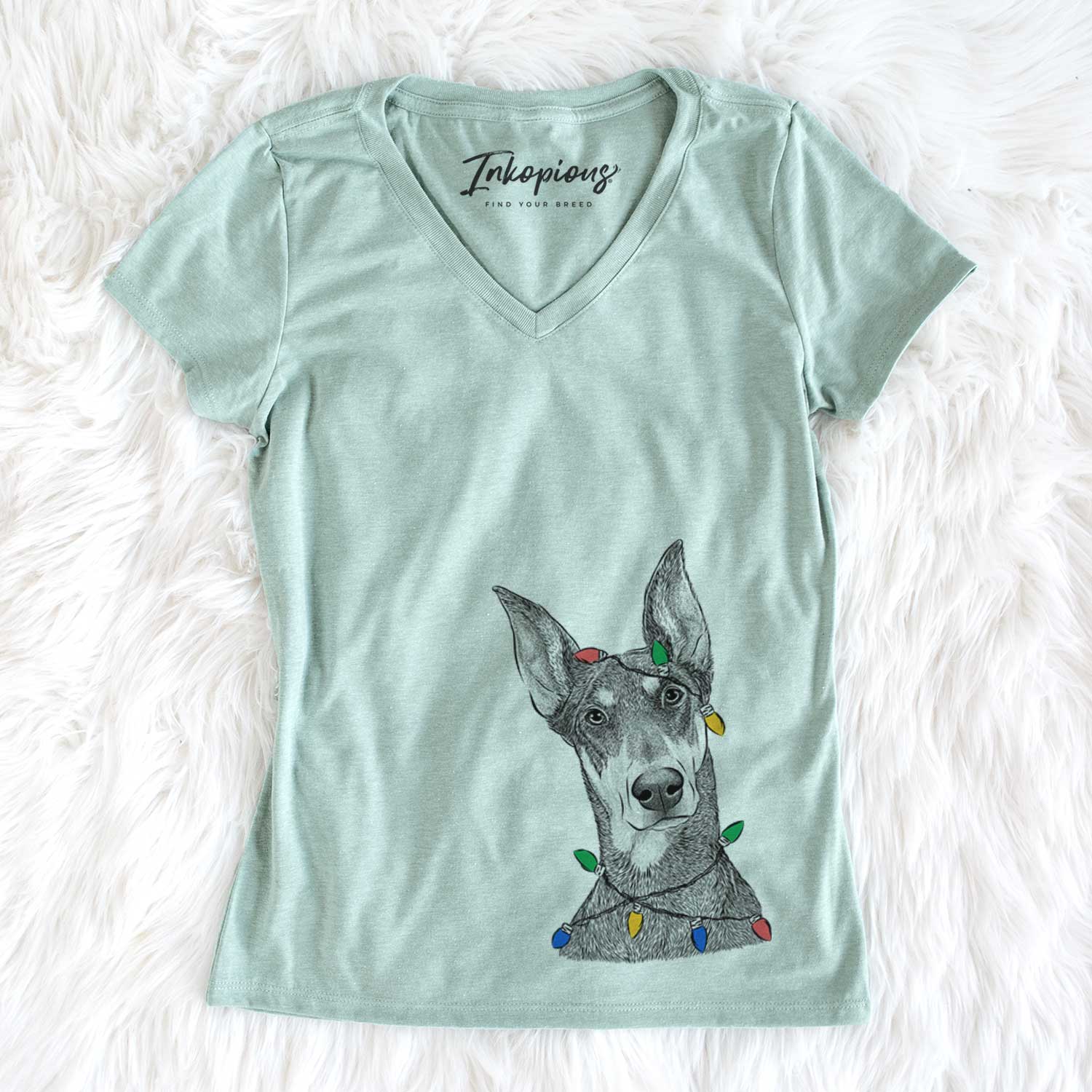 Christmas Lights Jenna the Doberman Pinscher - Women's V-neck Shirt