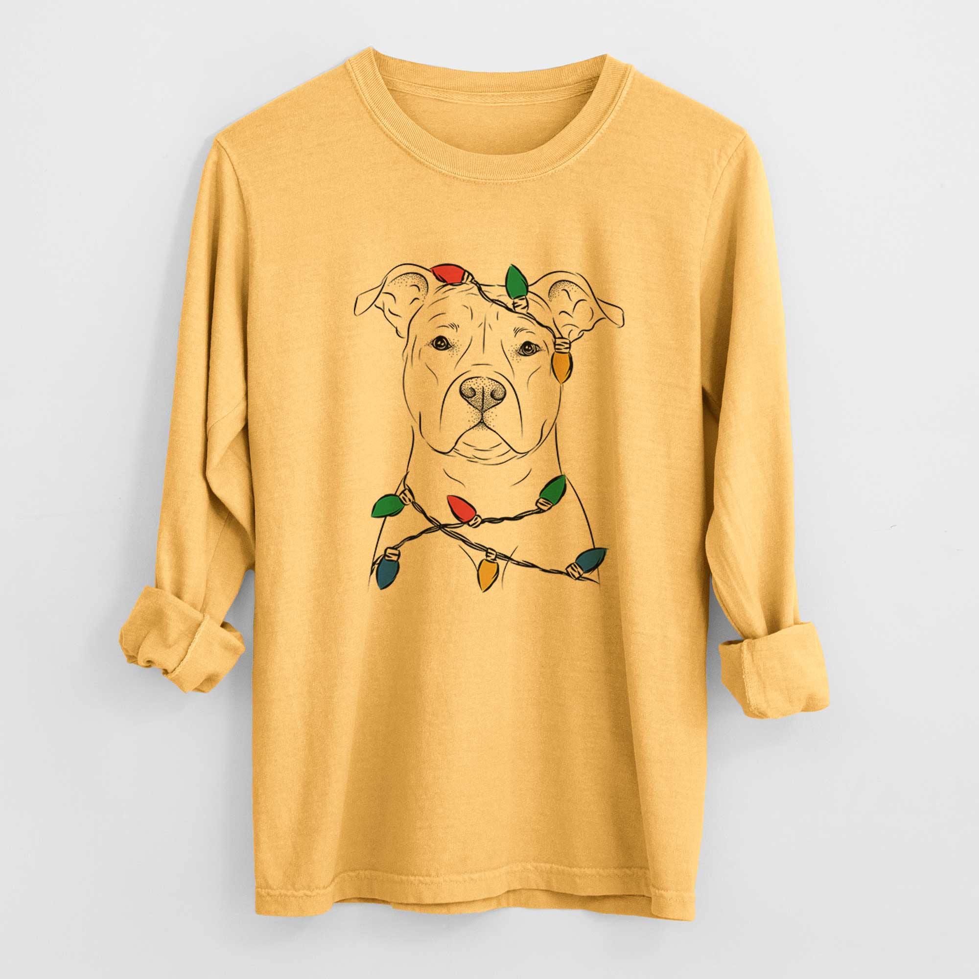 Christmas Lights Jethro the American Staffordshire Terrier - Heavyweight 100% Cotton Long Sleeve