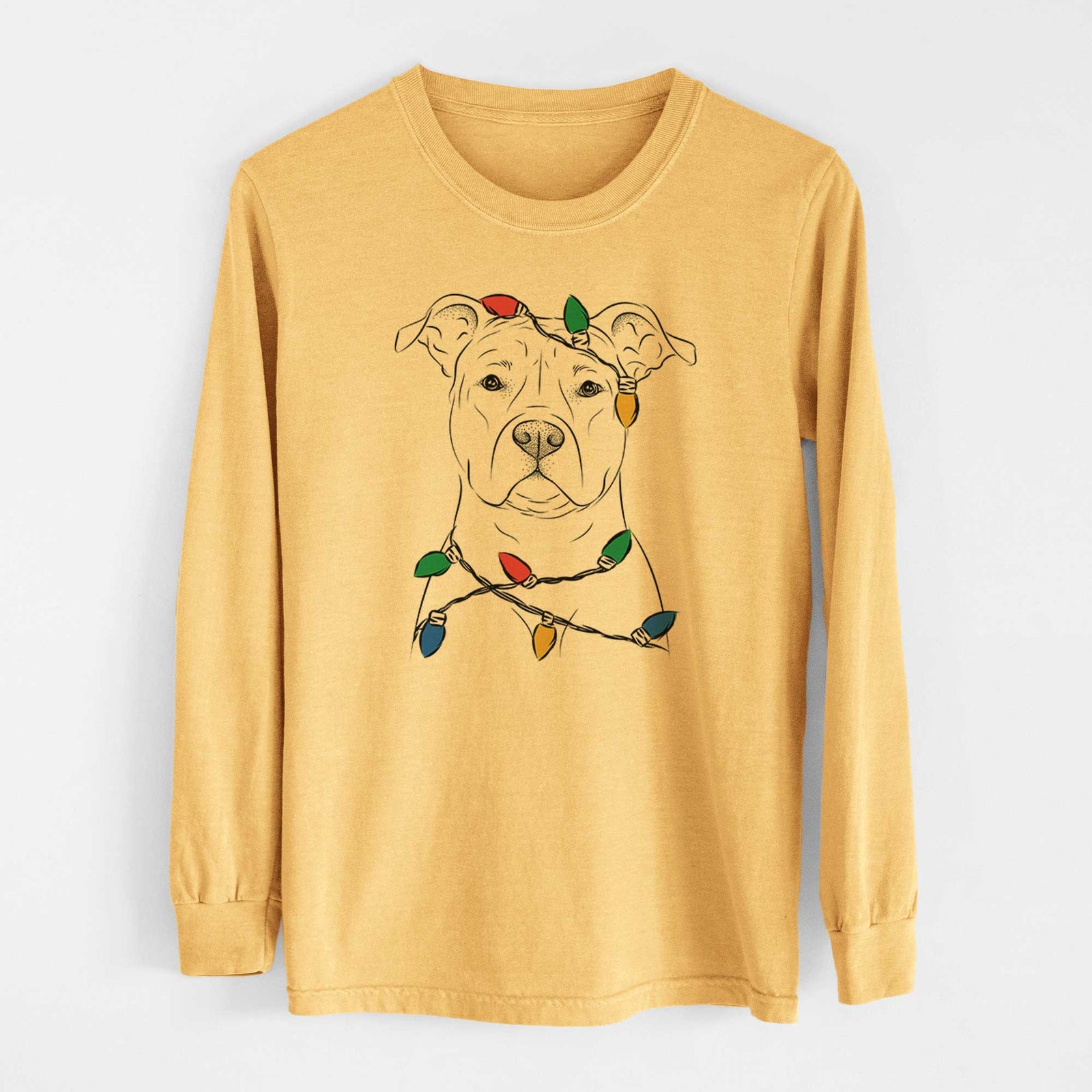 Christmas Lights Jethro the American Staffordshire Terrier - Heavyweight 100% Cotton Long Sleeve