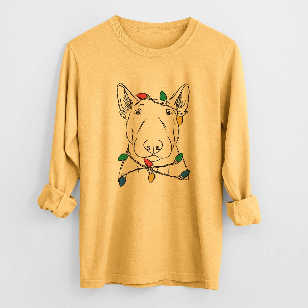 Christmas Lights Jett the Bull Terrier - Heavyweight 100% Cotton Long Sleeve