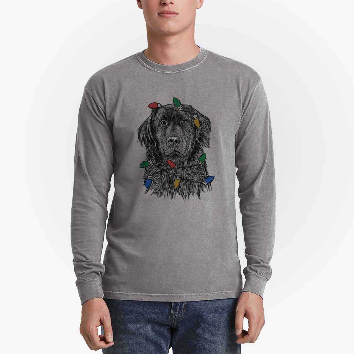 Christmas Lights Jinx the Newfoundland - Heavyweight 100% Cotton Long Sleeve