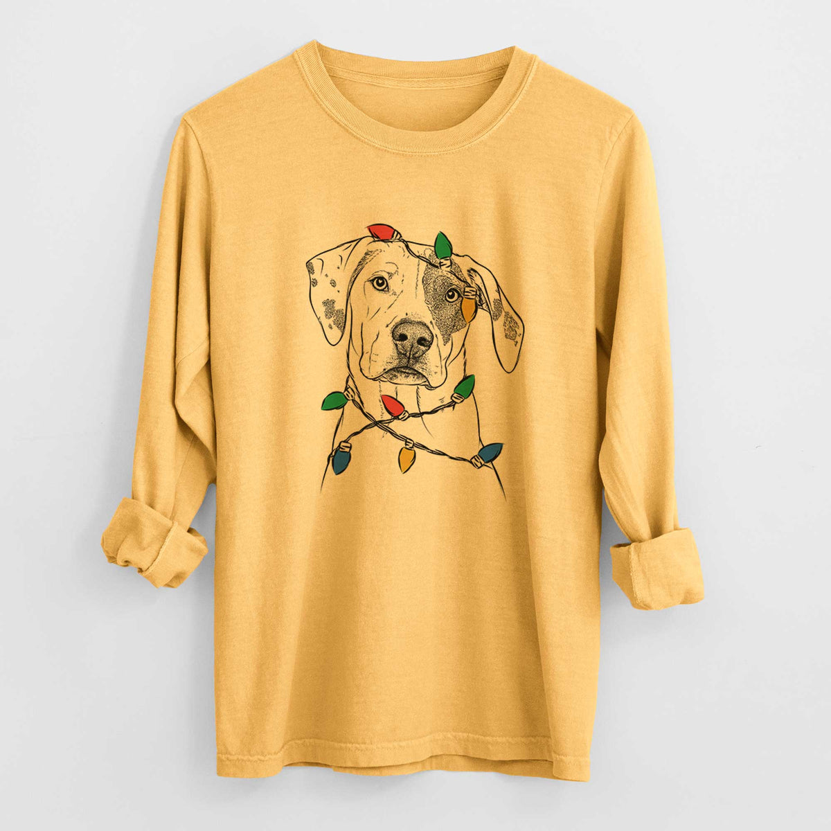 Christmas Lights Julio the Dogo Argentino Mix - Heavyweight 100% Cotton Long Sleeve