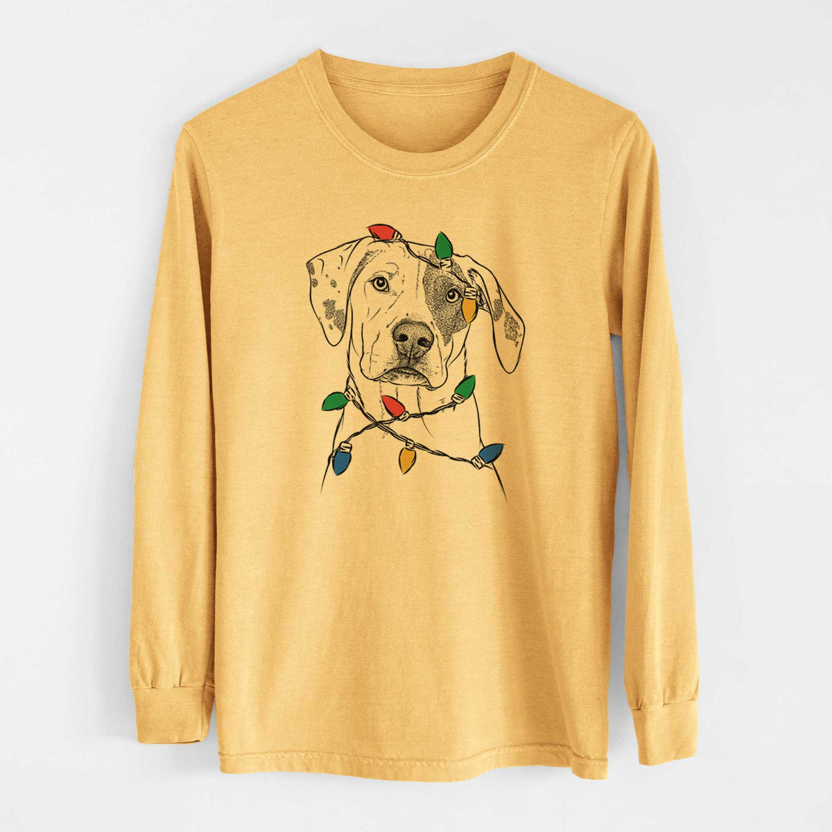 Christmas Lights Julio the Dogo Argentino Mix - Heavyweight 100% Cotton Long Sleeve