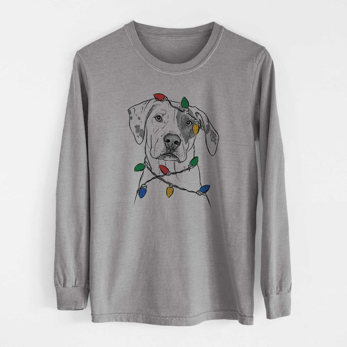 Christmas Lights Julio the Dogo Argentino Mix - Heavyweight 100% Cotton Long Sleeve