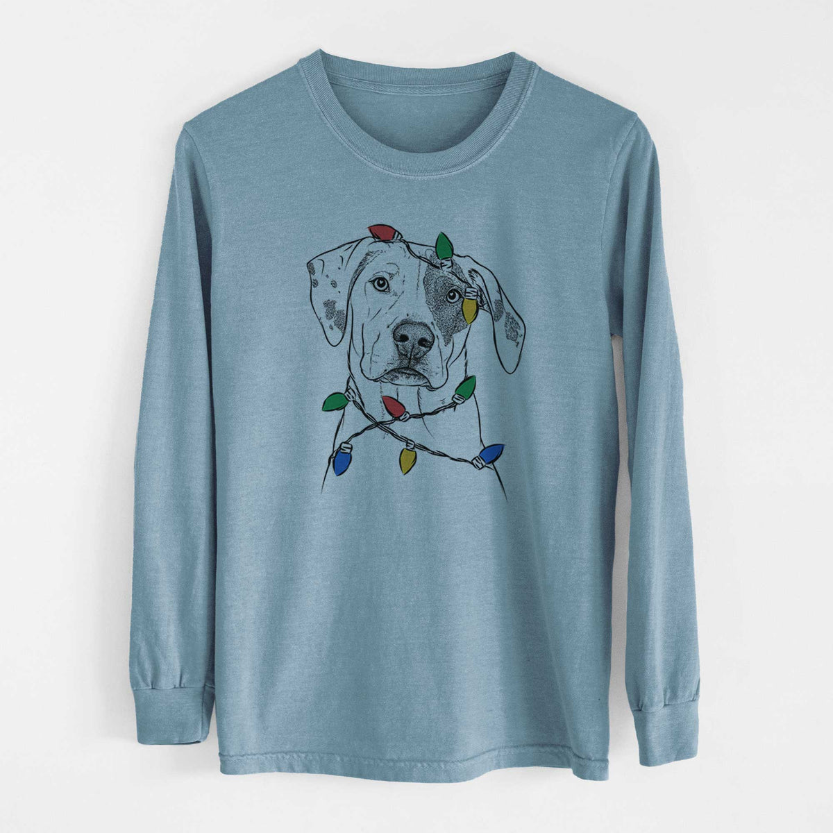 Christmas Lights Julio the Dogo Argentino Mix - Heavyweight 100% Cotton Long Sleeve