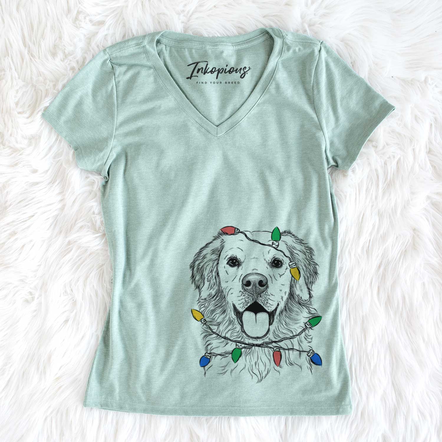 Christmas Lights Juniper the Golden Retriever - Women's V-neck Shirt