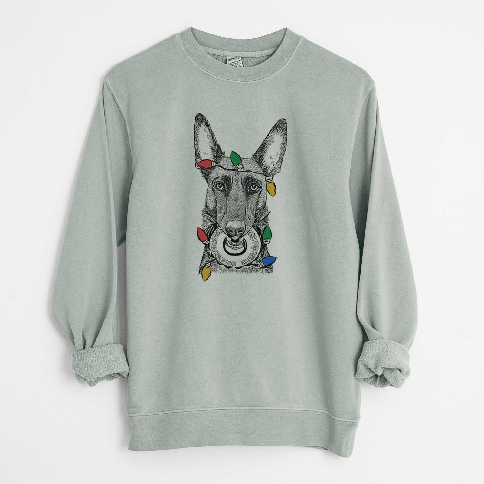 Christmas Lights Juno the Belgian Malinois - Unisex Pigment Dyed Crew Sweatshirt