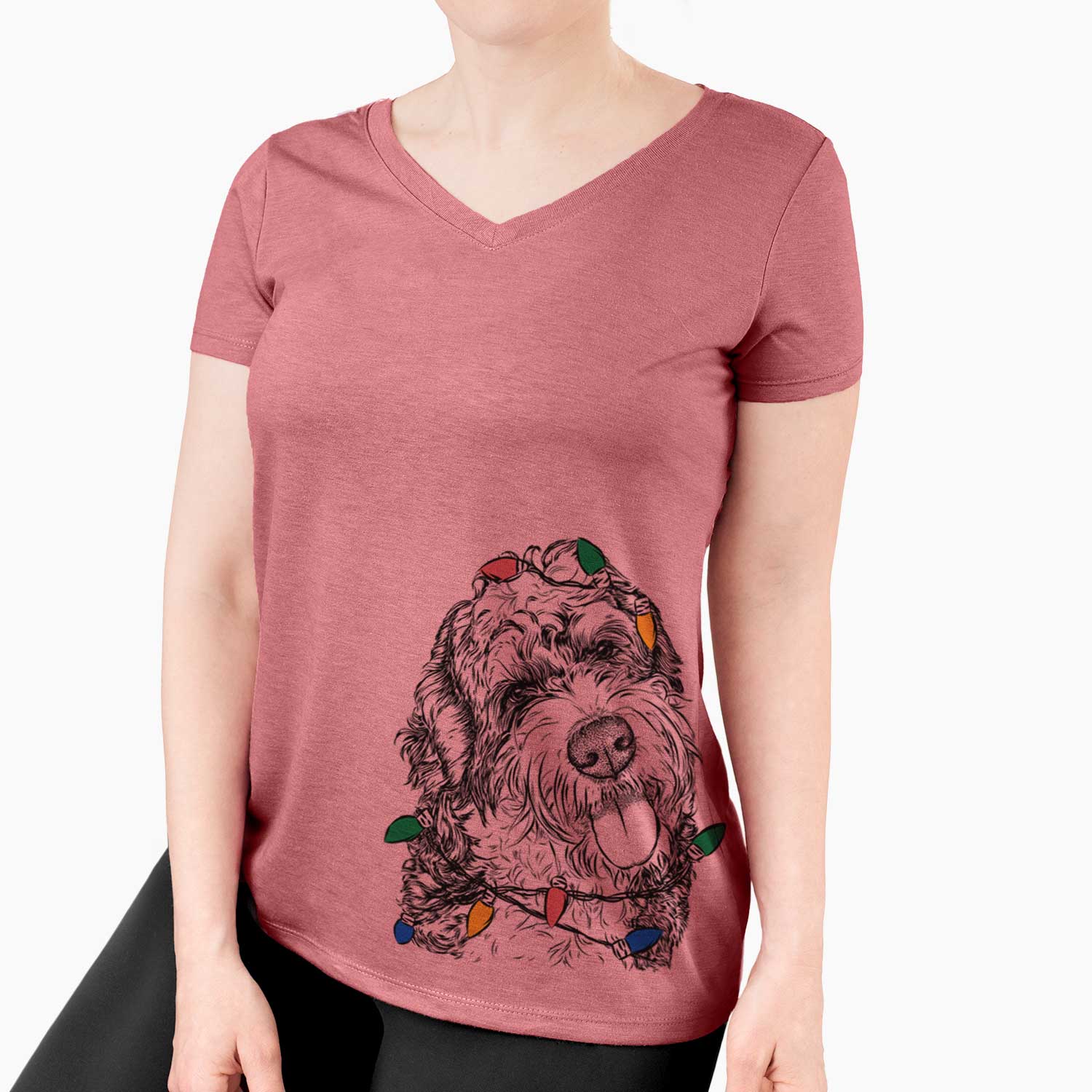 Christmas Lights Kaci the Bernedoodle - Women's V-neck Shirt