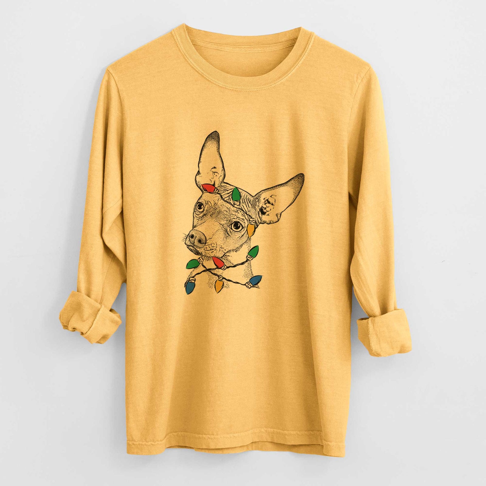 Christmas Lights Kahlo the Xoloitzcuintli - Heavyweight 100% Cotton Long Sleeve