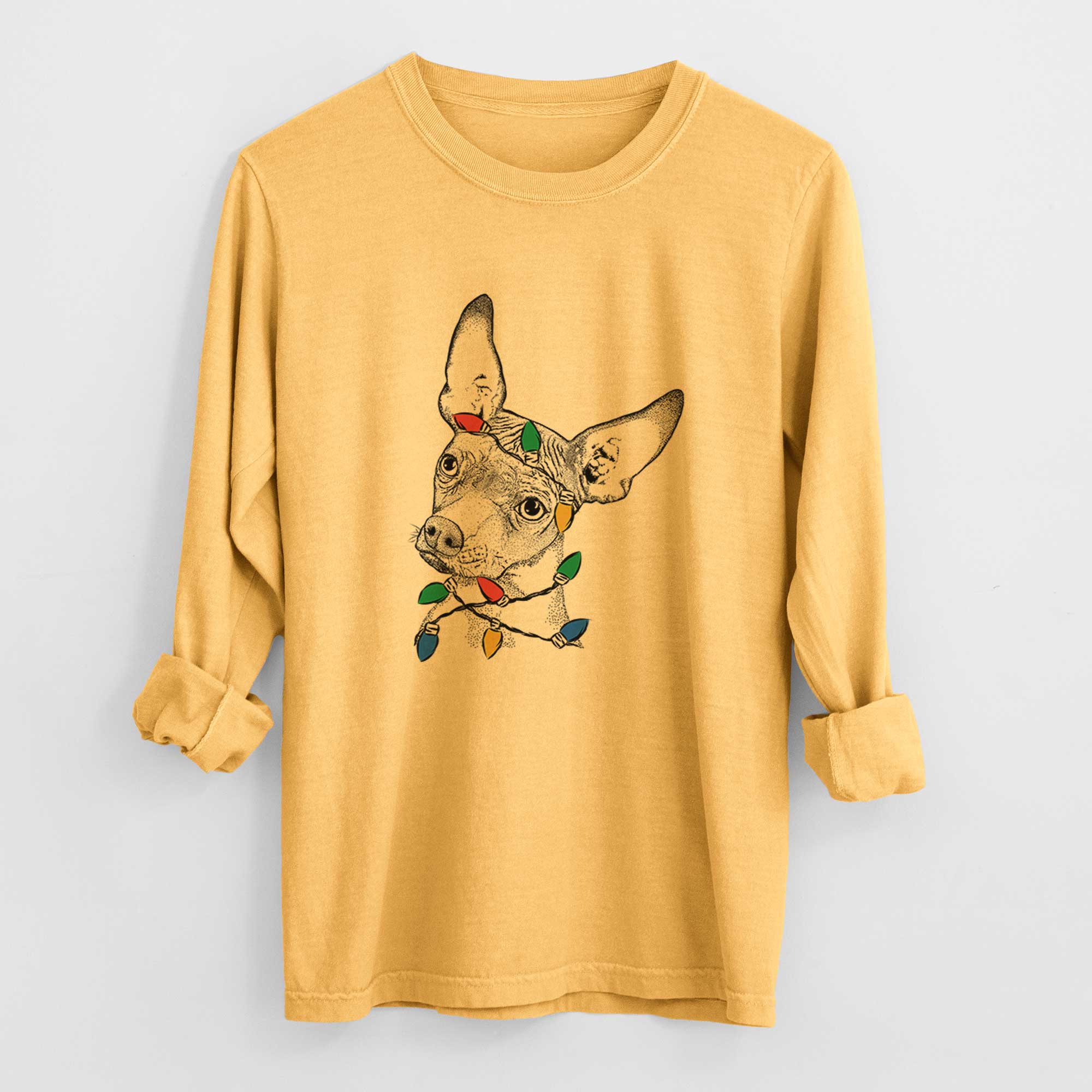 Christmas Lights Kahlo the Xoloitzcuintli - Heavyweight 100% Cotton Long Sleeve