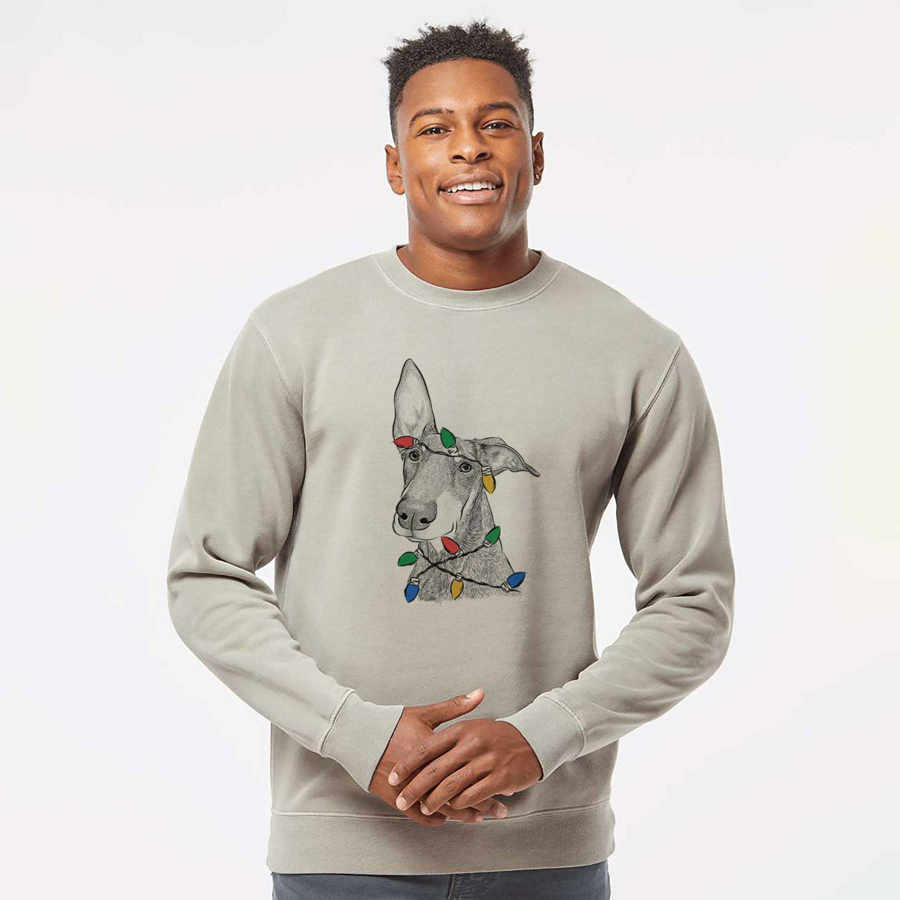 Christmas Lights Kain the Doberman Pinscher - Unisex Pigment Dyed Crew Sweatshirt