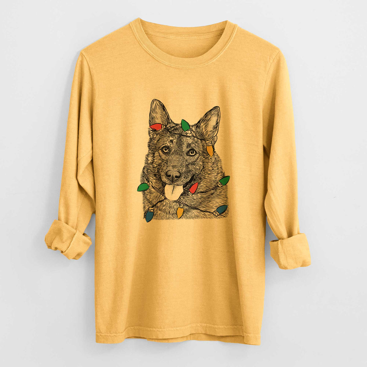 Christmas Lights Kasia the Norwegian Elkhound - Heavyweight 100% Cotton Long Sleeve