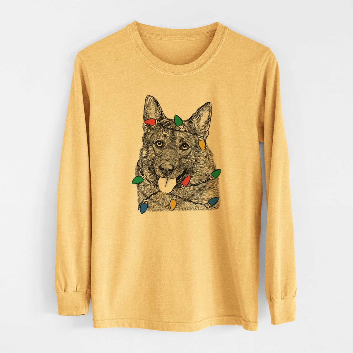 Christmas Lights Kasia the Norwegian Elkhound - Heavyweight 100% Cotton Long Sleeve