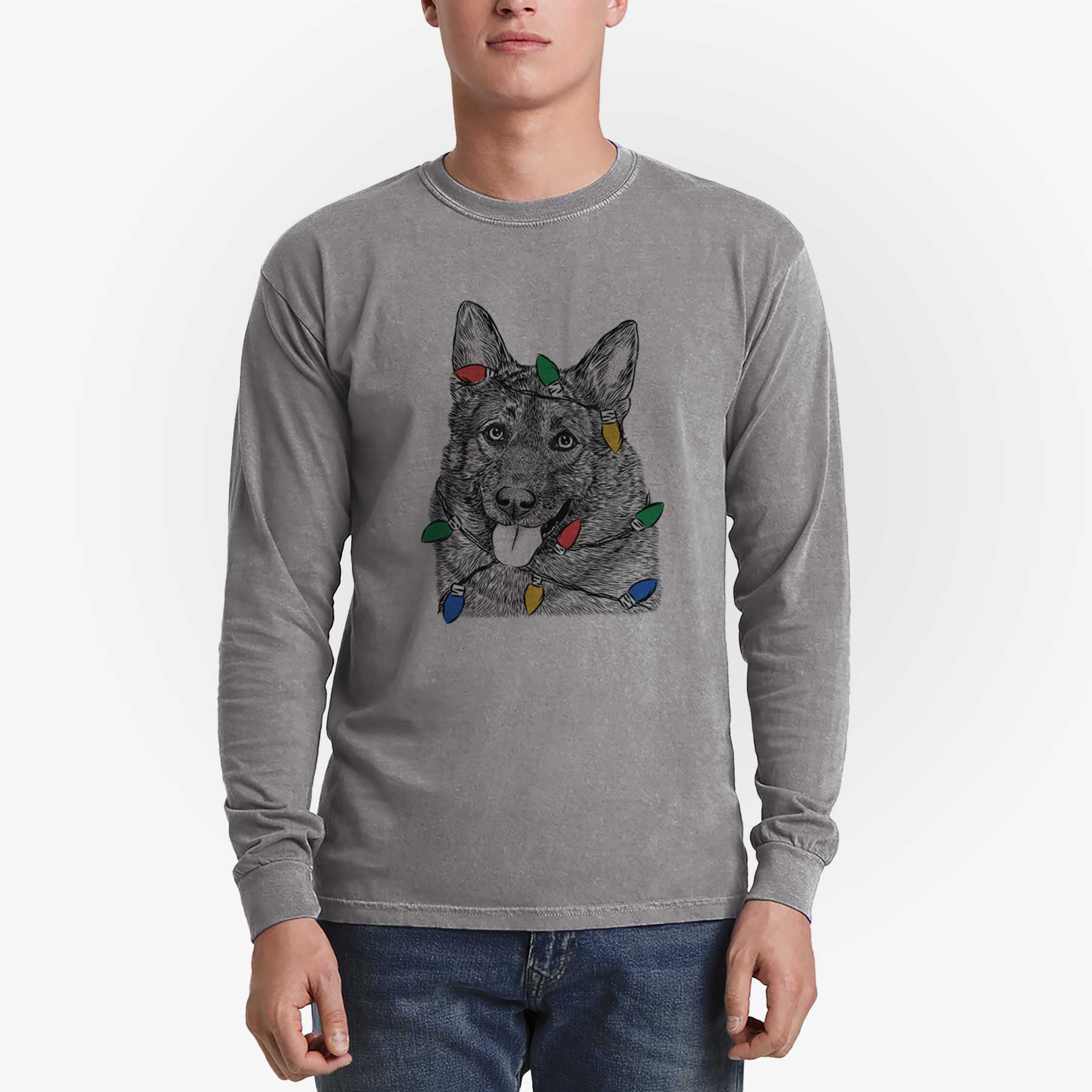 Christmas Lights Kasia the Norwegian Elkhound - Heavyweight 100% Cotton Long Sleeve