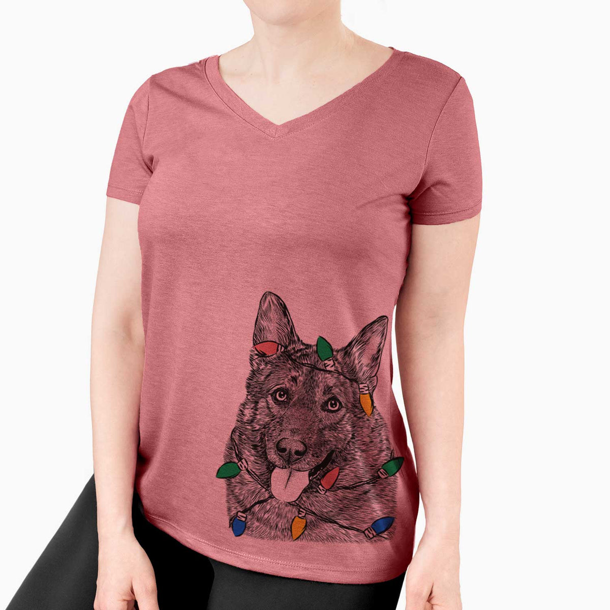 Christmas Lights Kasia the Norwegian Elkhound - Women's V-neck Shirt