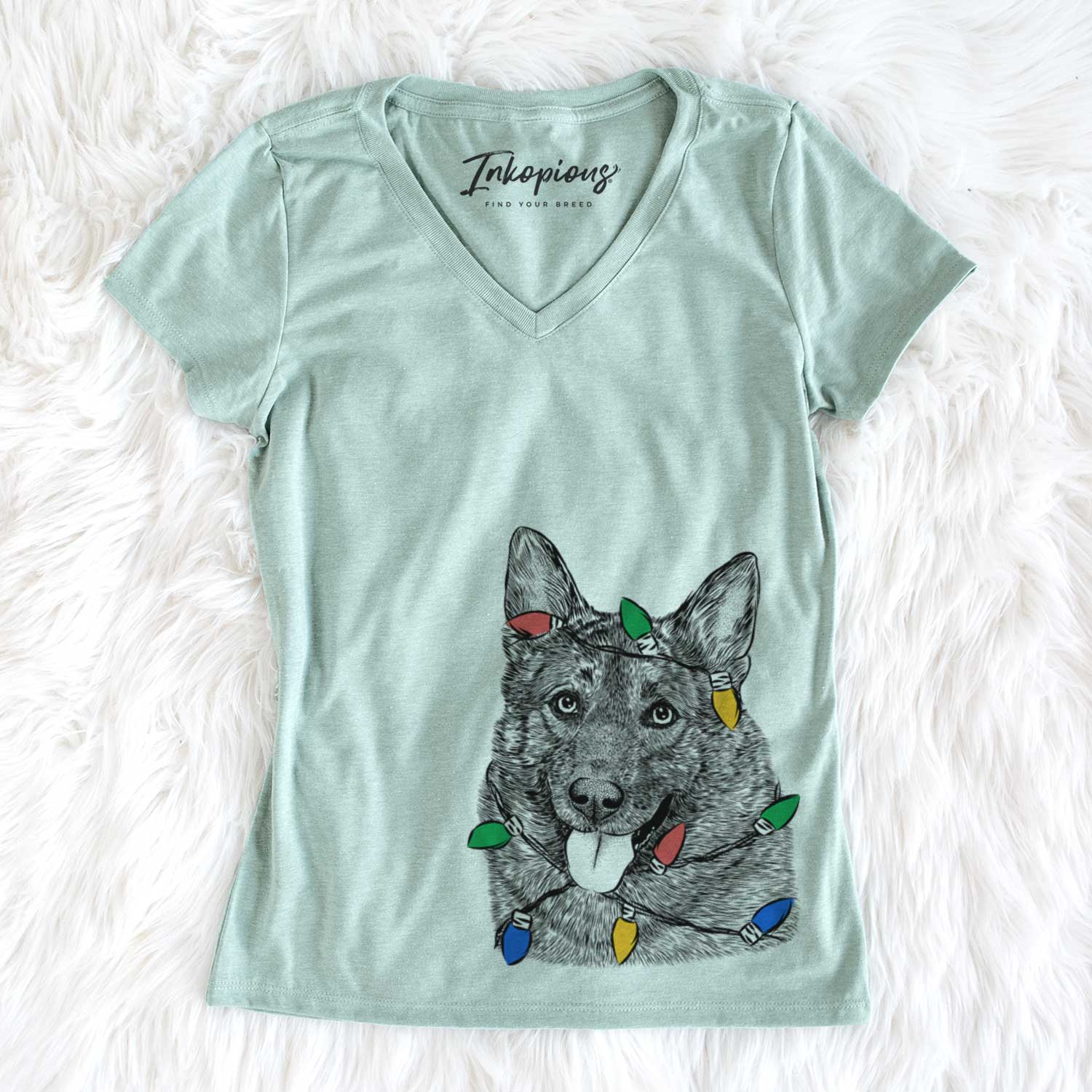 Christmas Lights Kasia the Norwegian Elkhound - Women's V-neck Shirt