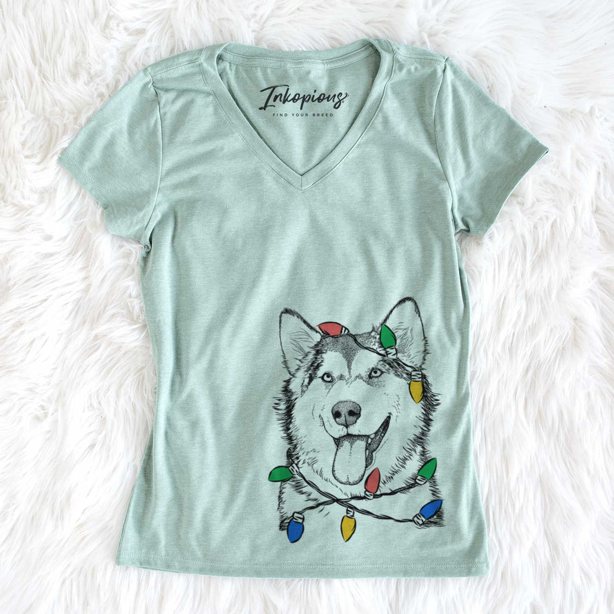 Christmas Lights Kaskae the Alaskan Malamute - Women&#39;s V-neck Shirt