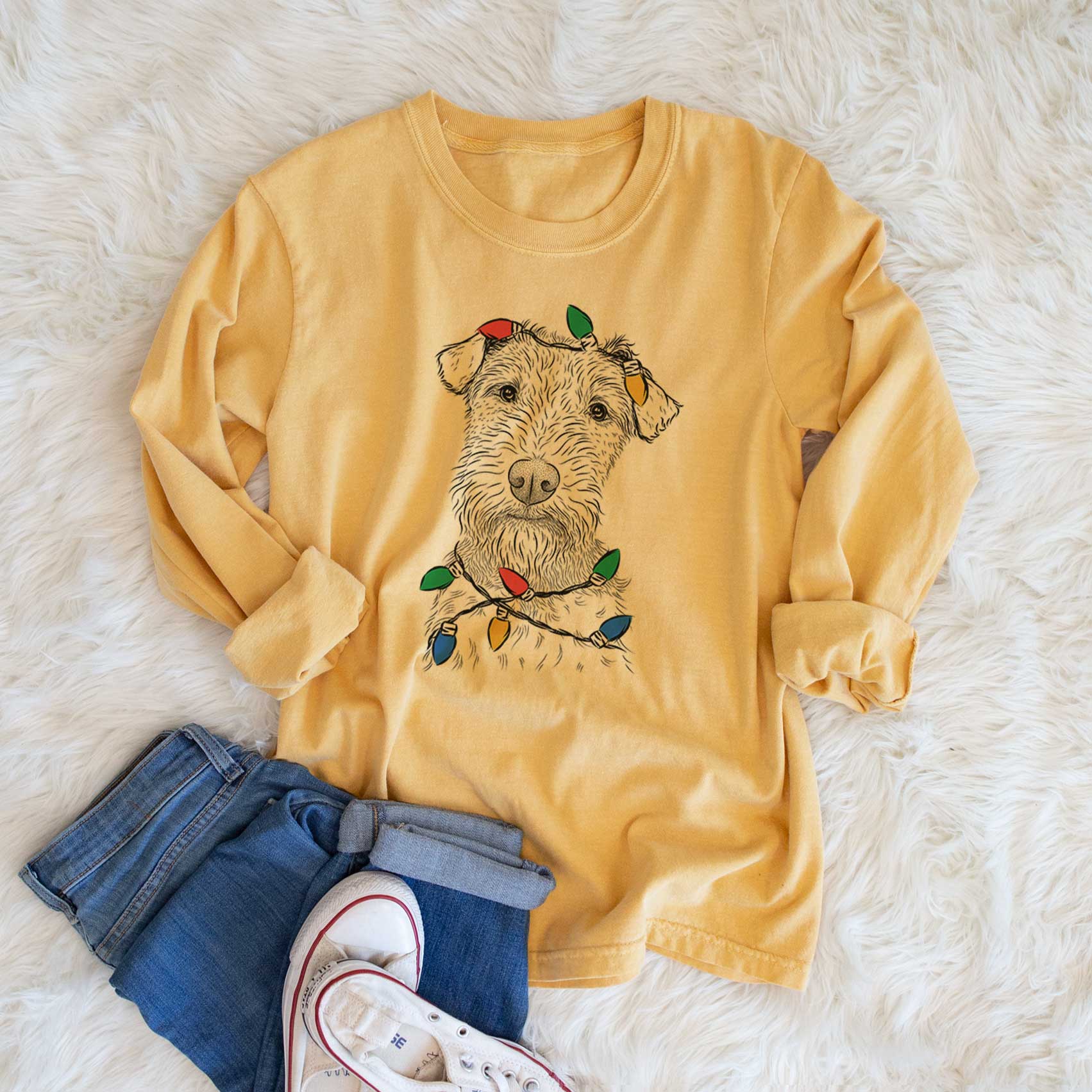 Christmas Lights Kiara the Welsh Terrier - Heavyweight 100% Cotton Long Sleeve