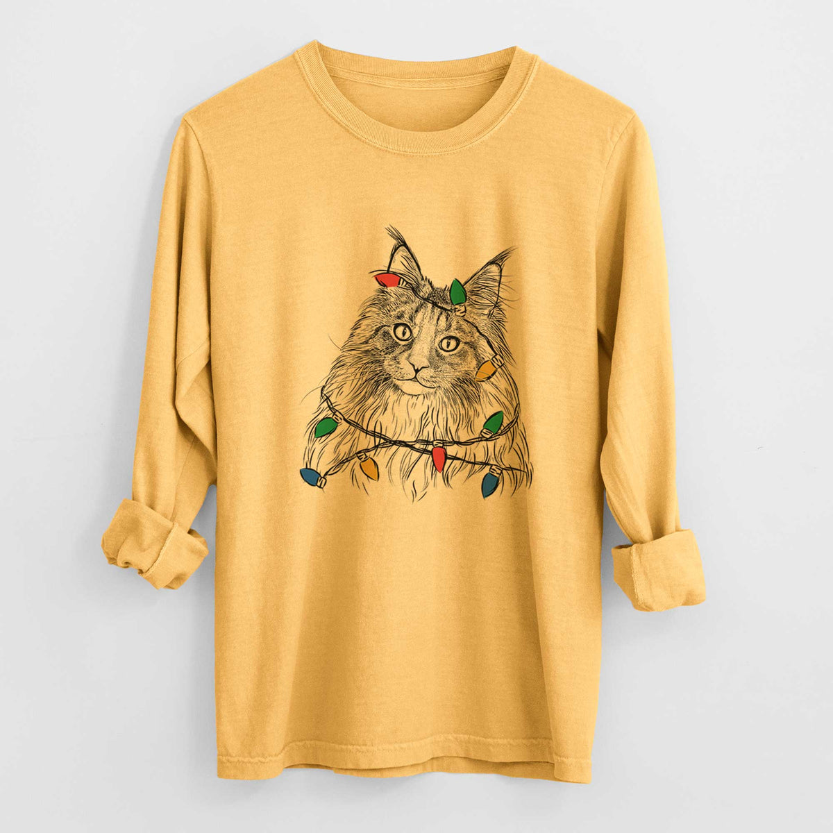 Christmas Lights Kiki the Maine Coon Cat - Heavyweight 100% Cotton Long Sleeve