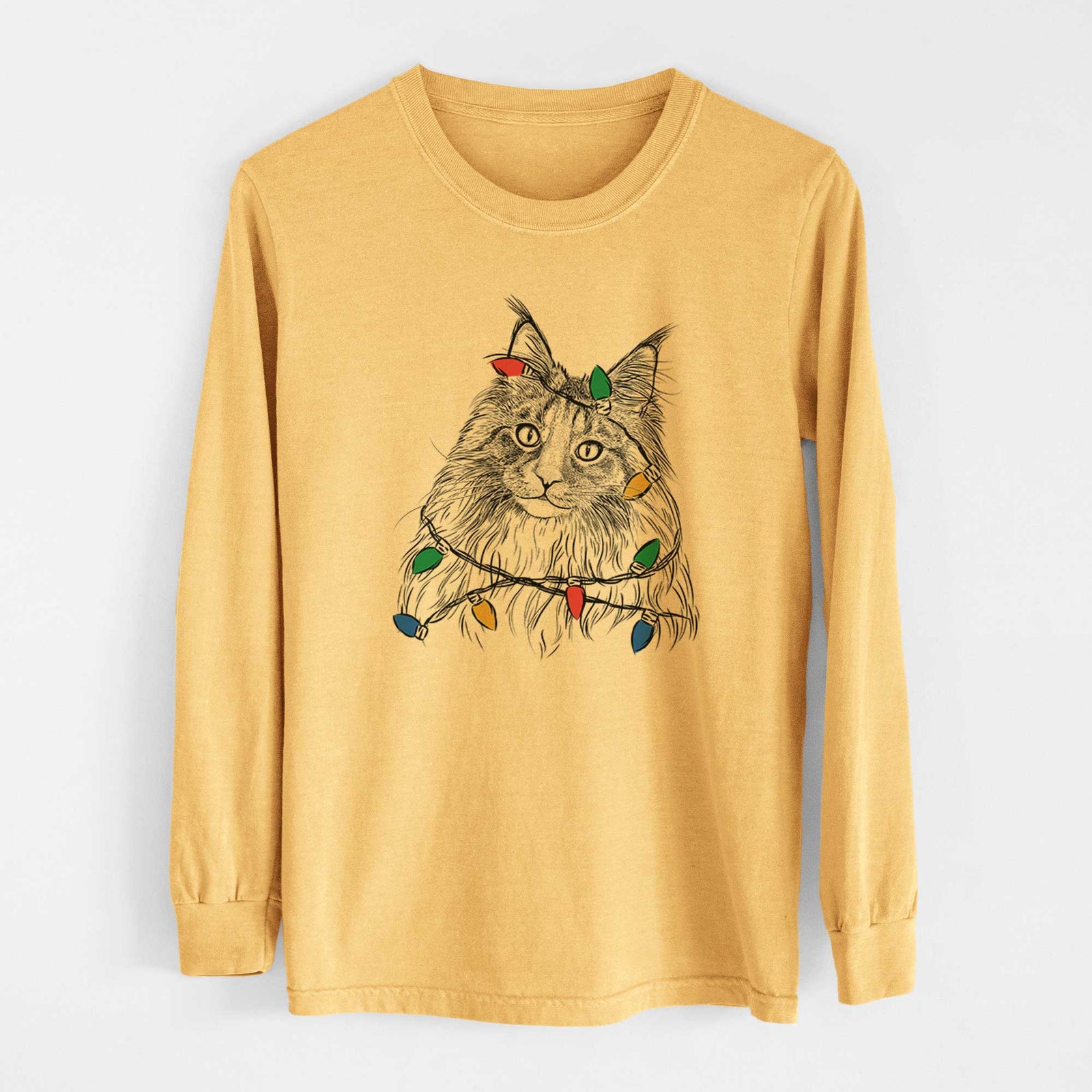 Christmas Lights Kiki the Maine Coon Cat - Heavyweight 100% Cotton Long Sleeve