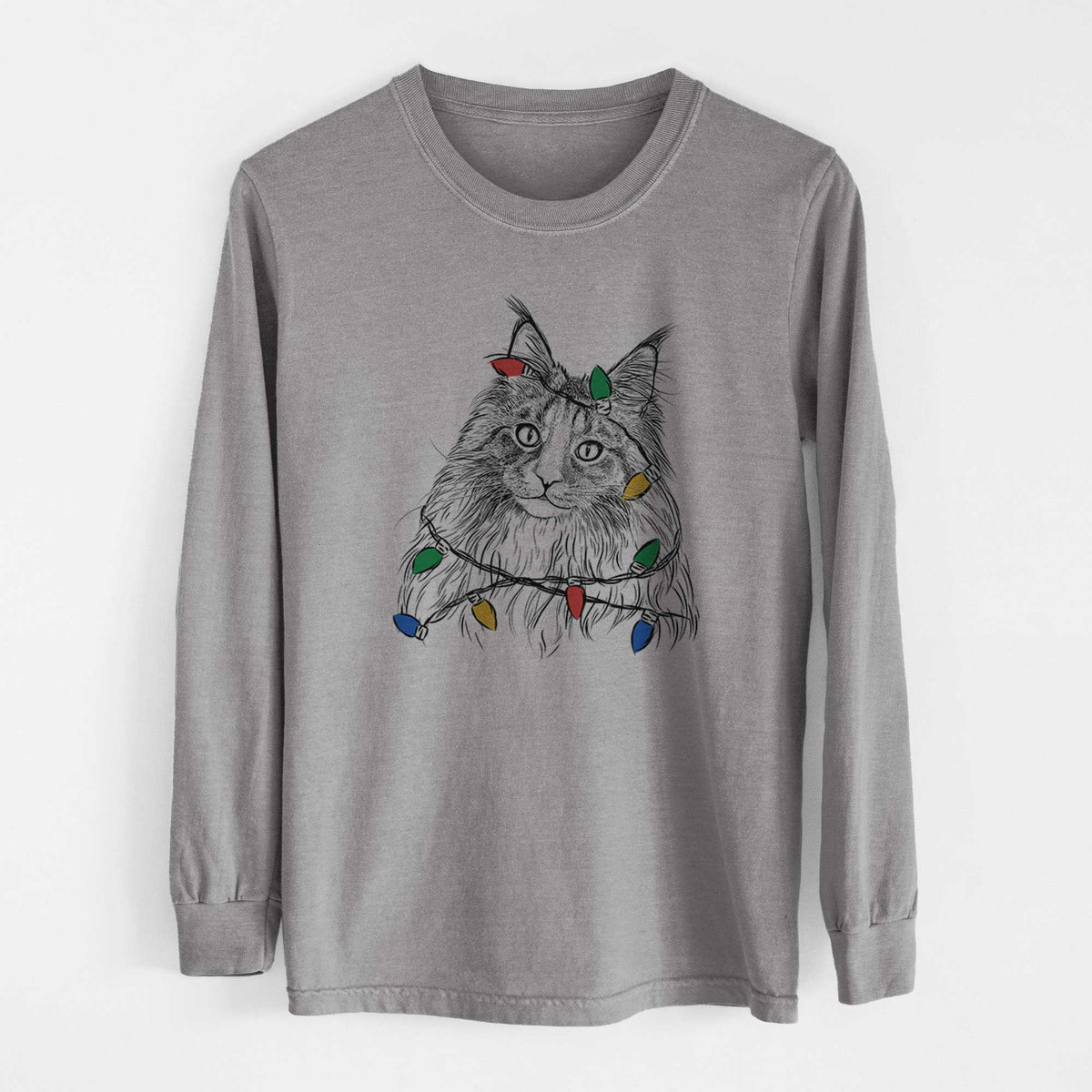 Christmas Lights Kiki the Maine Coon Cat - Heavyweight 100% Cotton Long Sleeve