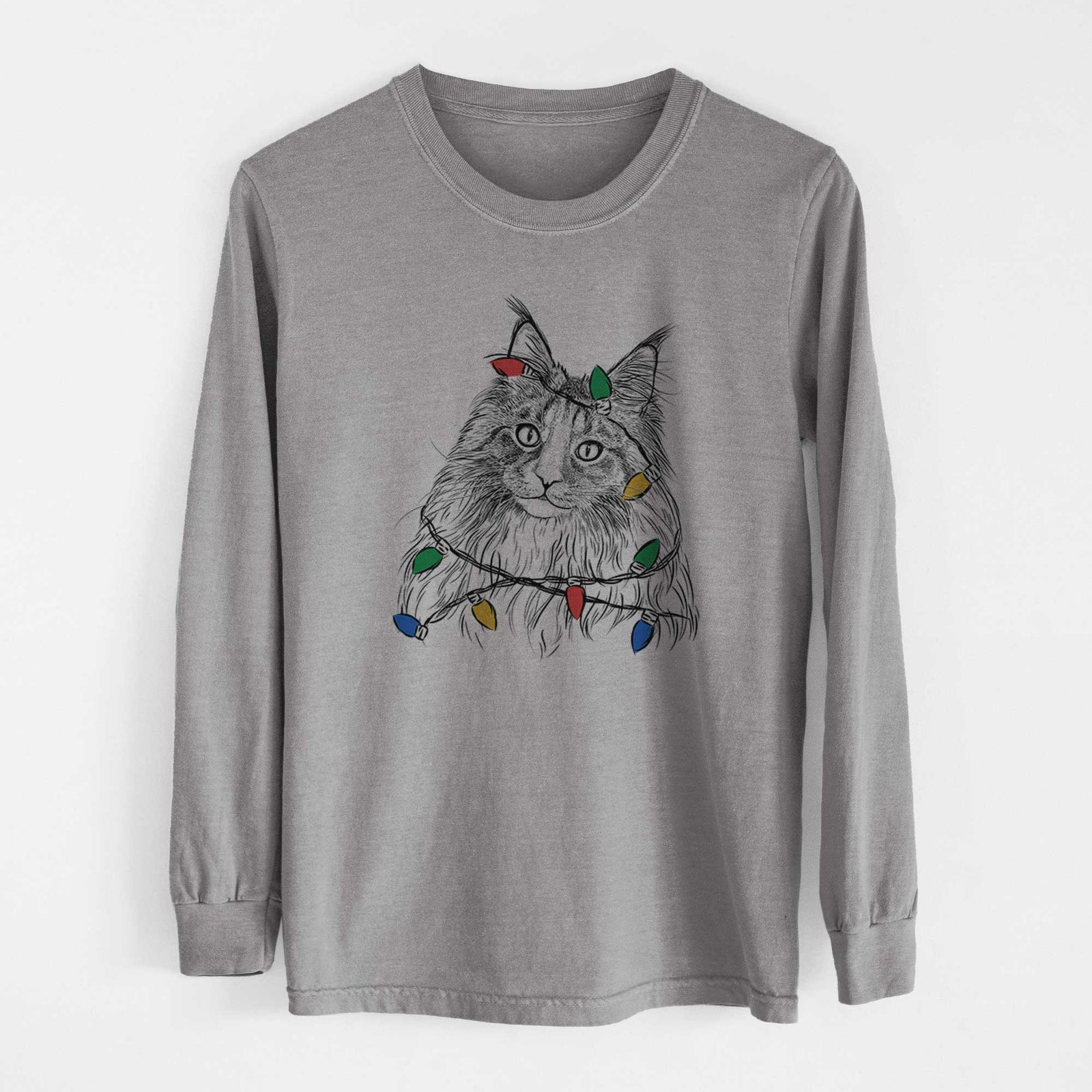 Christmas Lights Kiki the Maine Coon Cat - Heavyweight 100% Cotton Long Sleeve