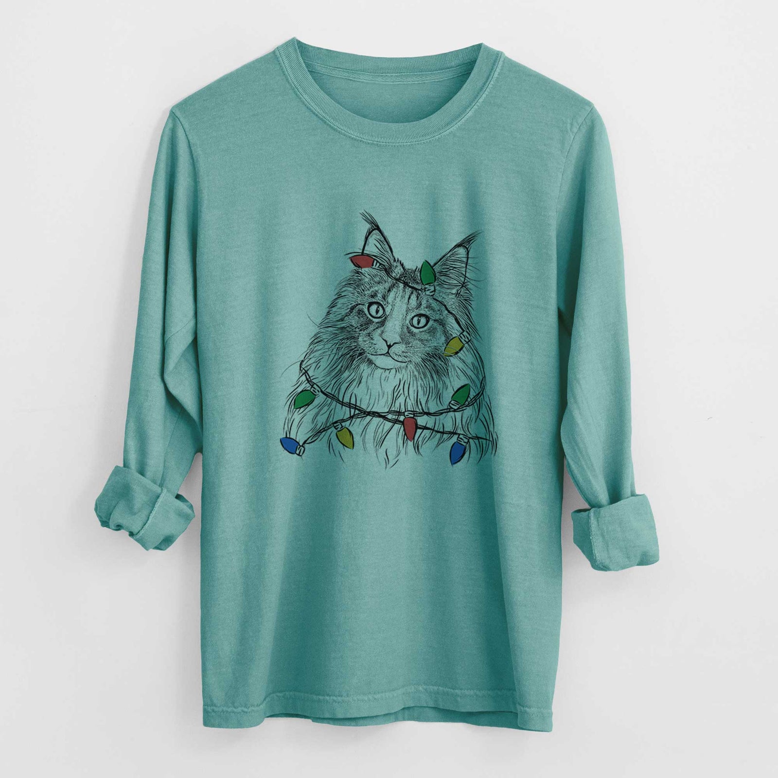 Christmas Lights Kiki the Maine Coon Cat - Heavyweight 100% Cotton Long Sleeve