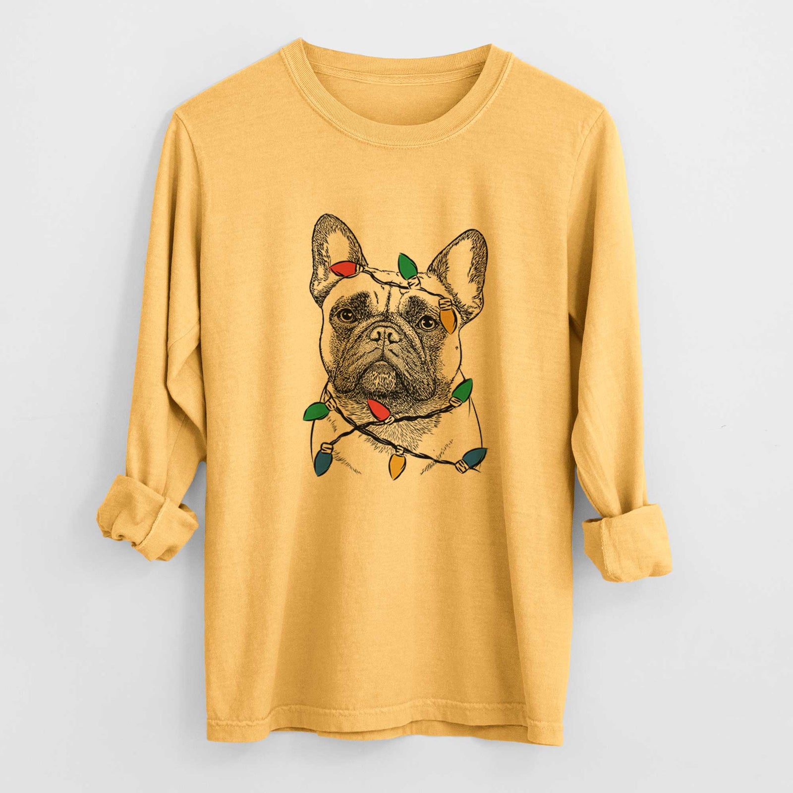 Christmas Lights Kingsleigh the French Bulldog - Heavyweight 100% Cotton Long Sleeve