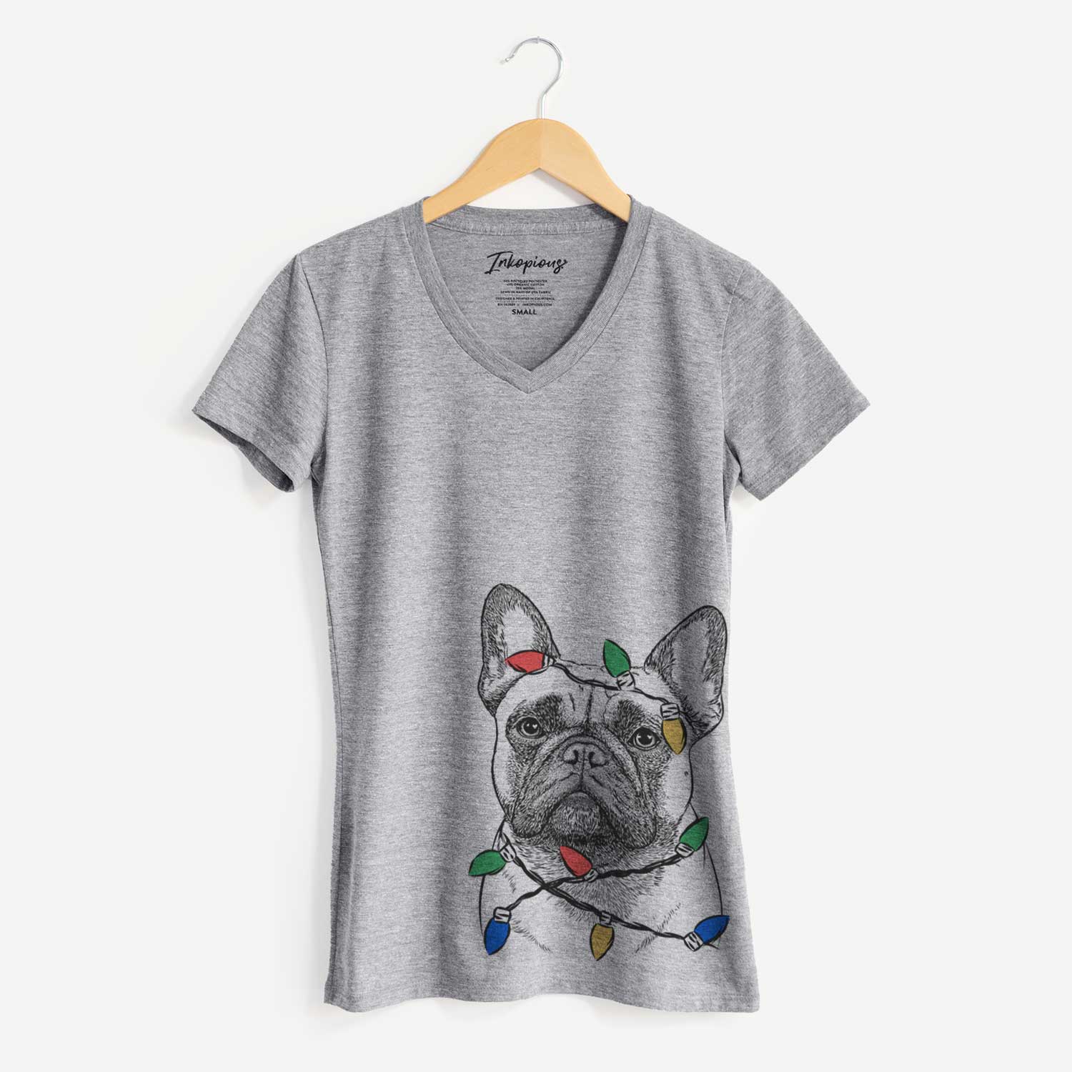 Christmas Lights Kingsleigh the French Bulldog - Women's V-neck Shirt