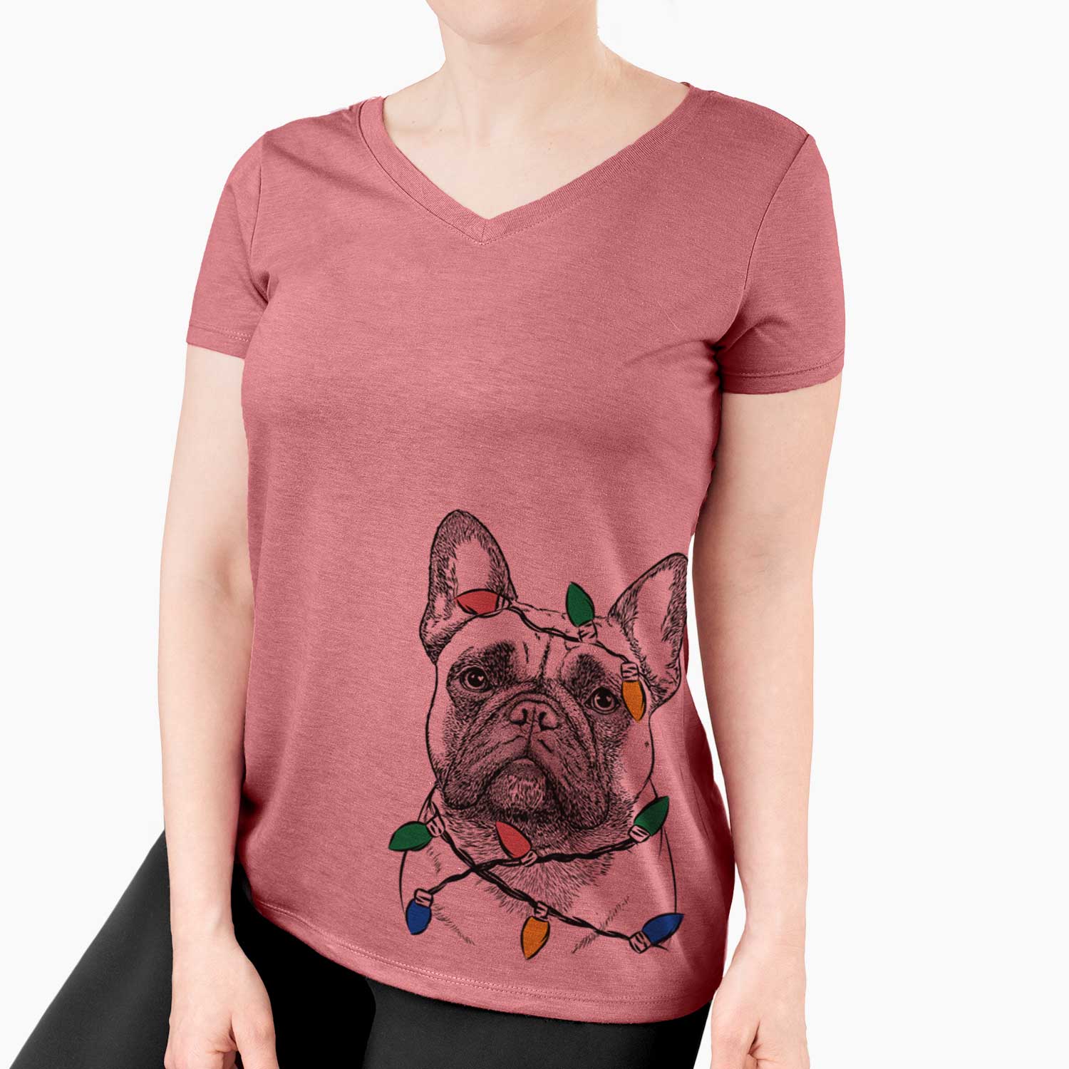 Christmas Lights Kingsleigh the French Bulldog - Women's V-neck Shirt