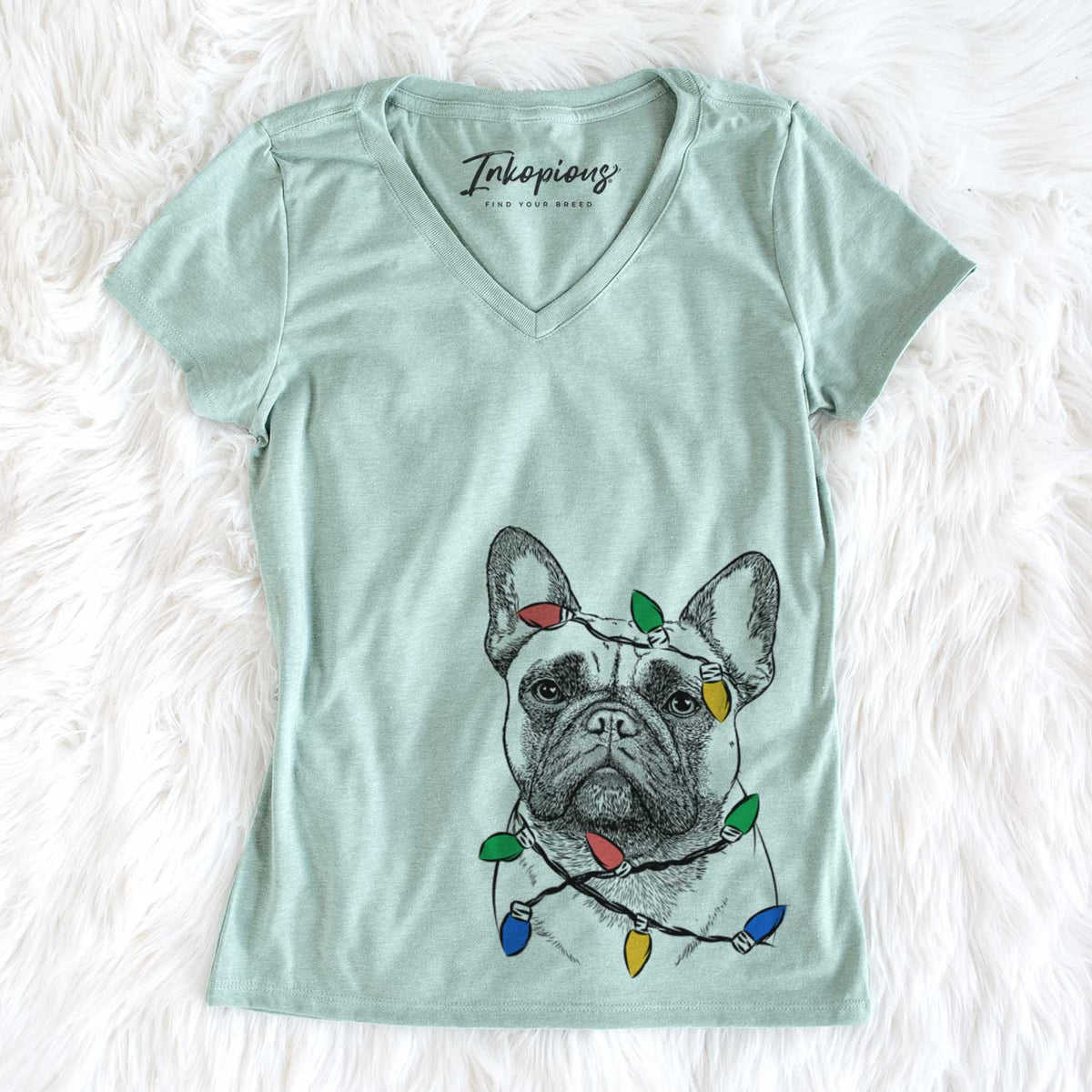 Christmas Lights Kingsleigh the French Bulldog - Women&#39;s V-neck Shirt