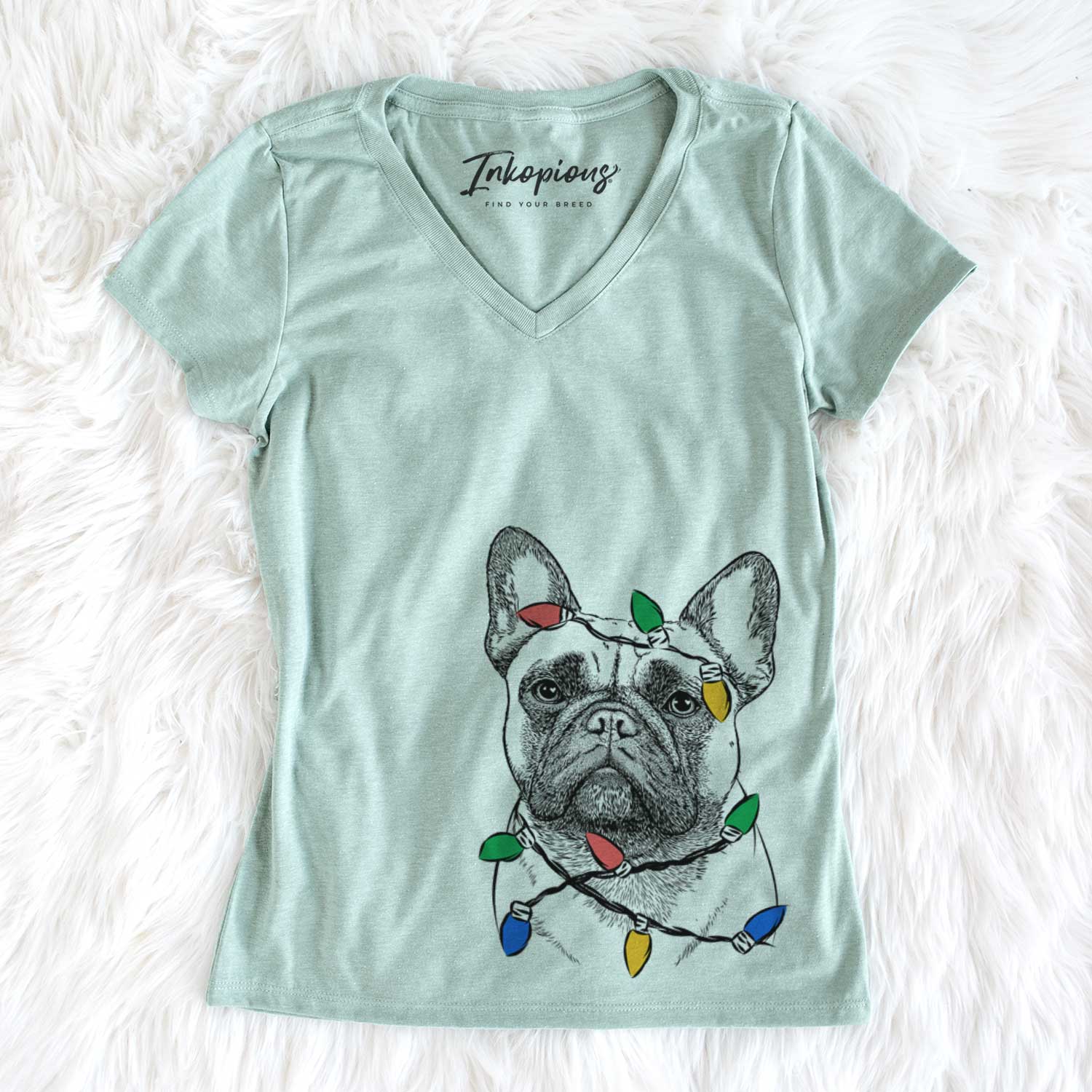 Christmas Lights Kingsleigh the French Bulldog - Women's V-neck Shirt